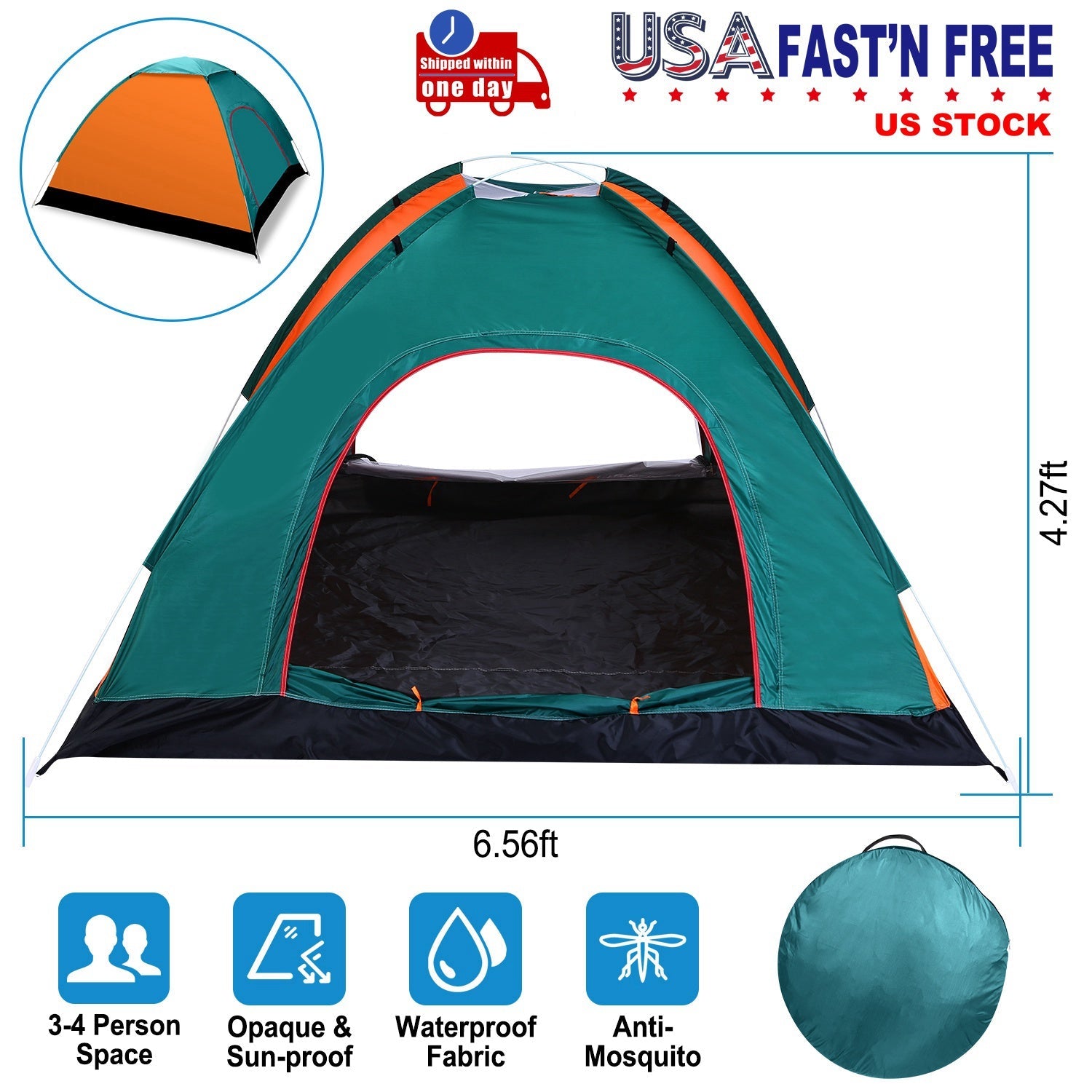 3/4 Man Waterproof Camping Tent Instant Pop Up Dome Tent w/Mosquito Net Doors Bags - Energize Trek