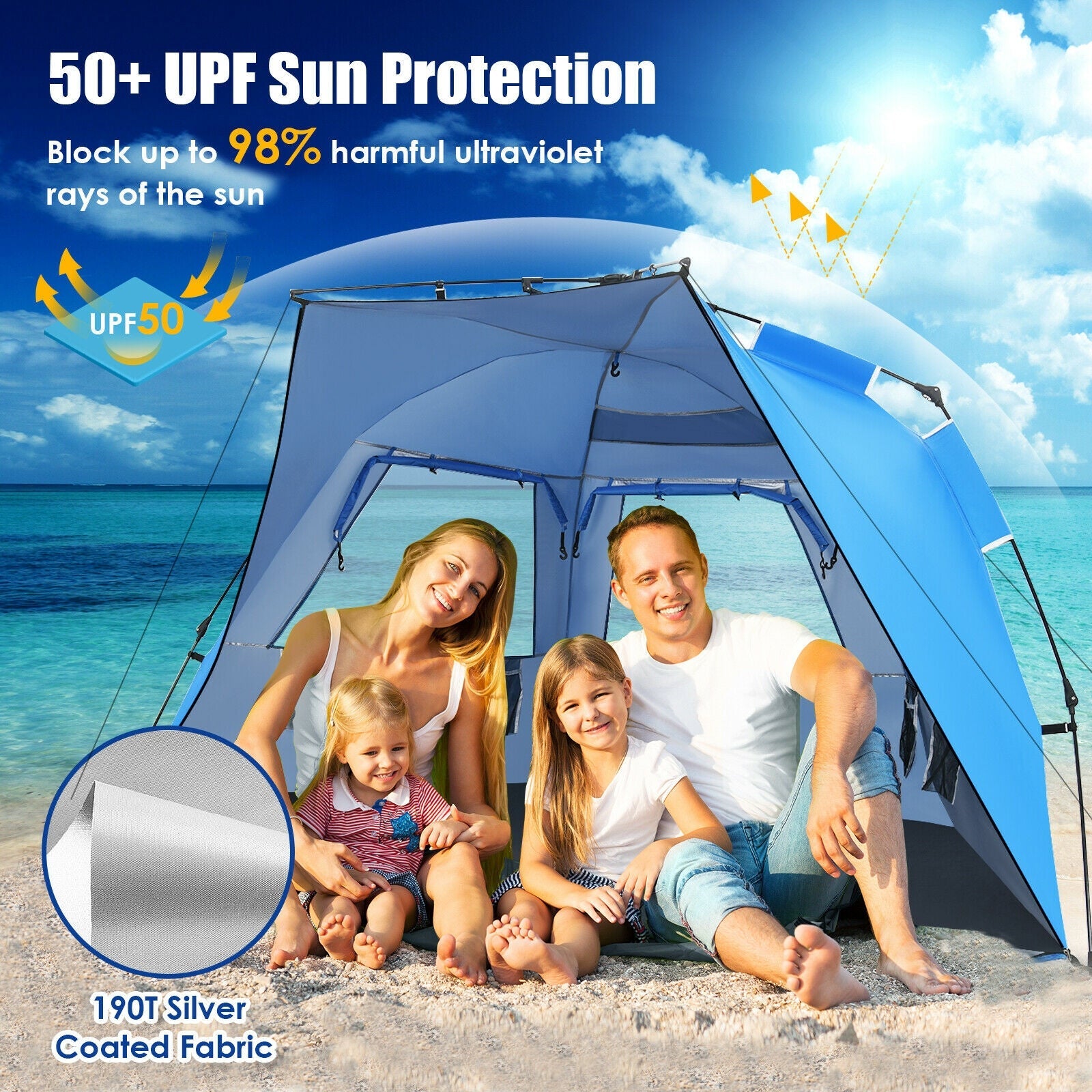3-4 Person Easy Pop Up Beach Tent UPF 50+ Portable Sun Shelter - Energize Trek