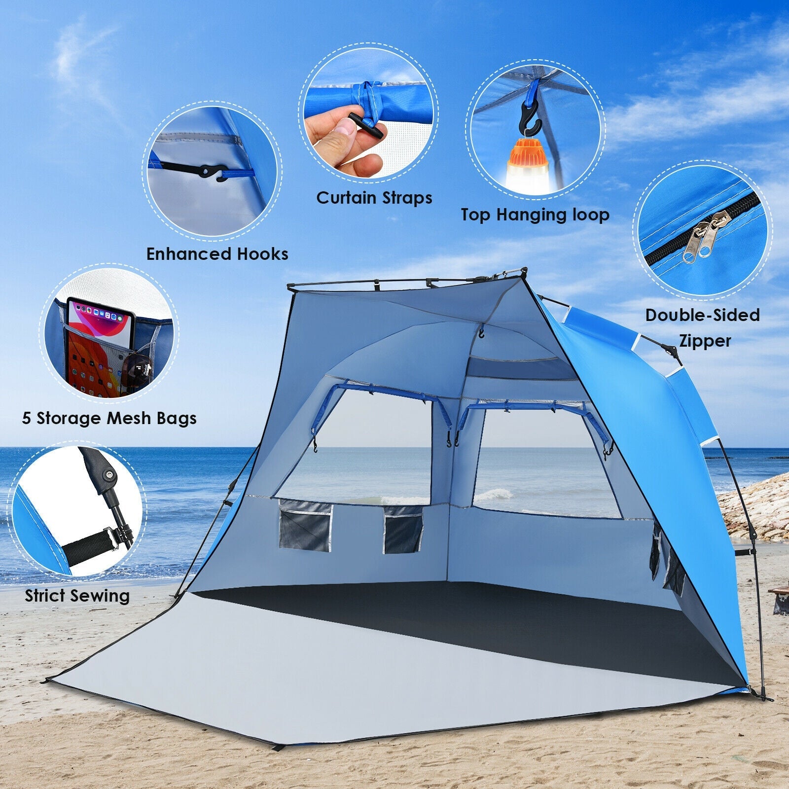 3-4 Person Easy Pop Up Beach Tent UPF 50+ Portable Sun Shelter - Energize Trek