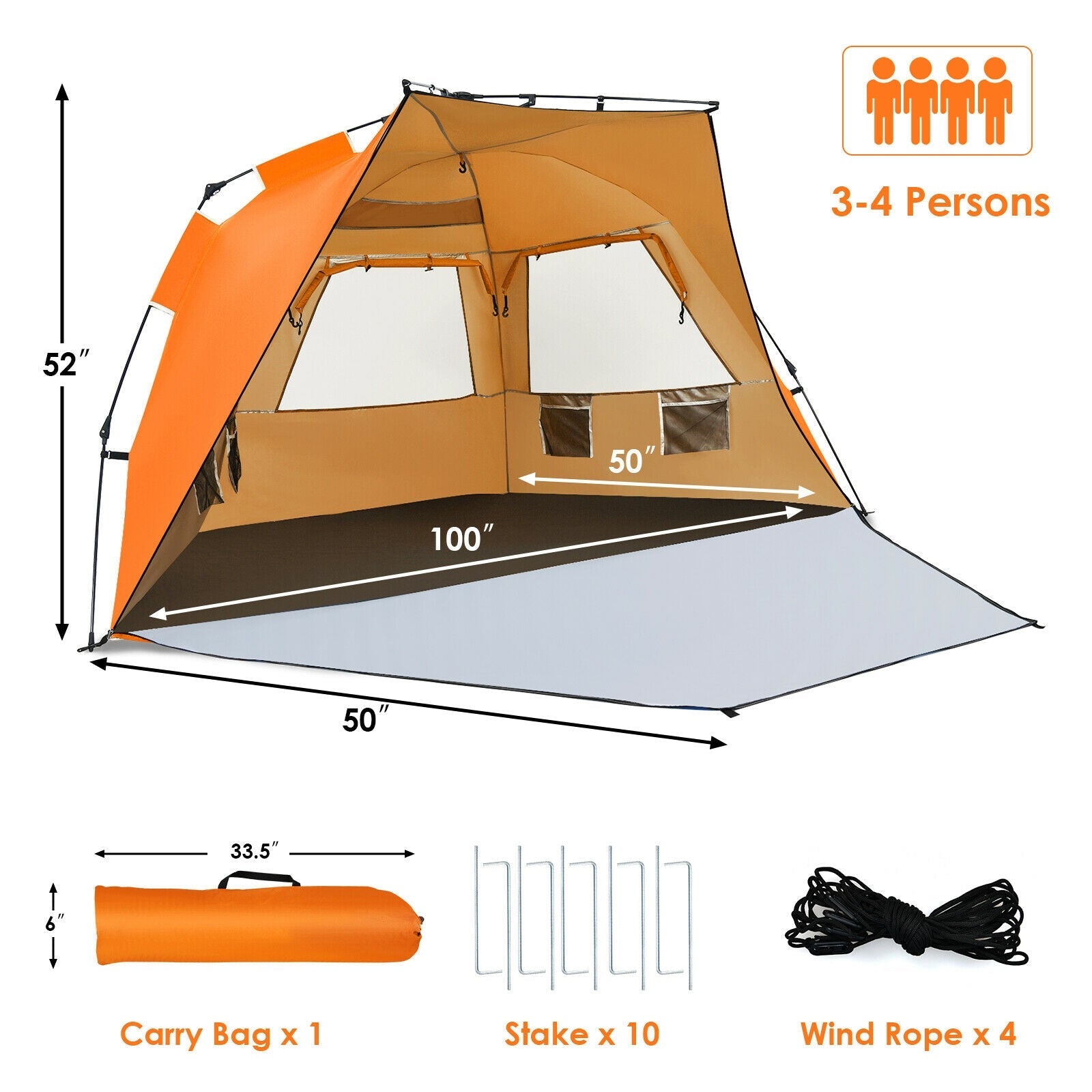 3-4 Person Easy Pop Up Beach Tent UPF 50+ Portable Sun Shelter - Energize Trek