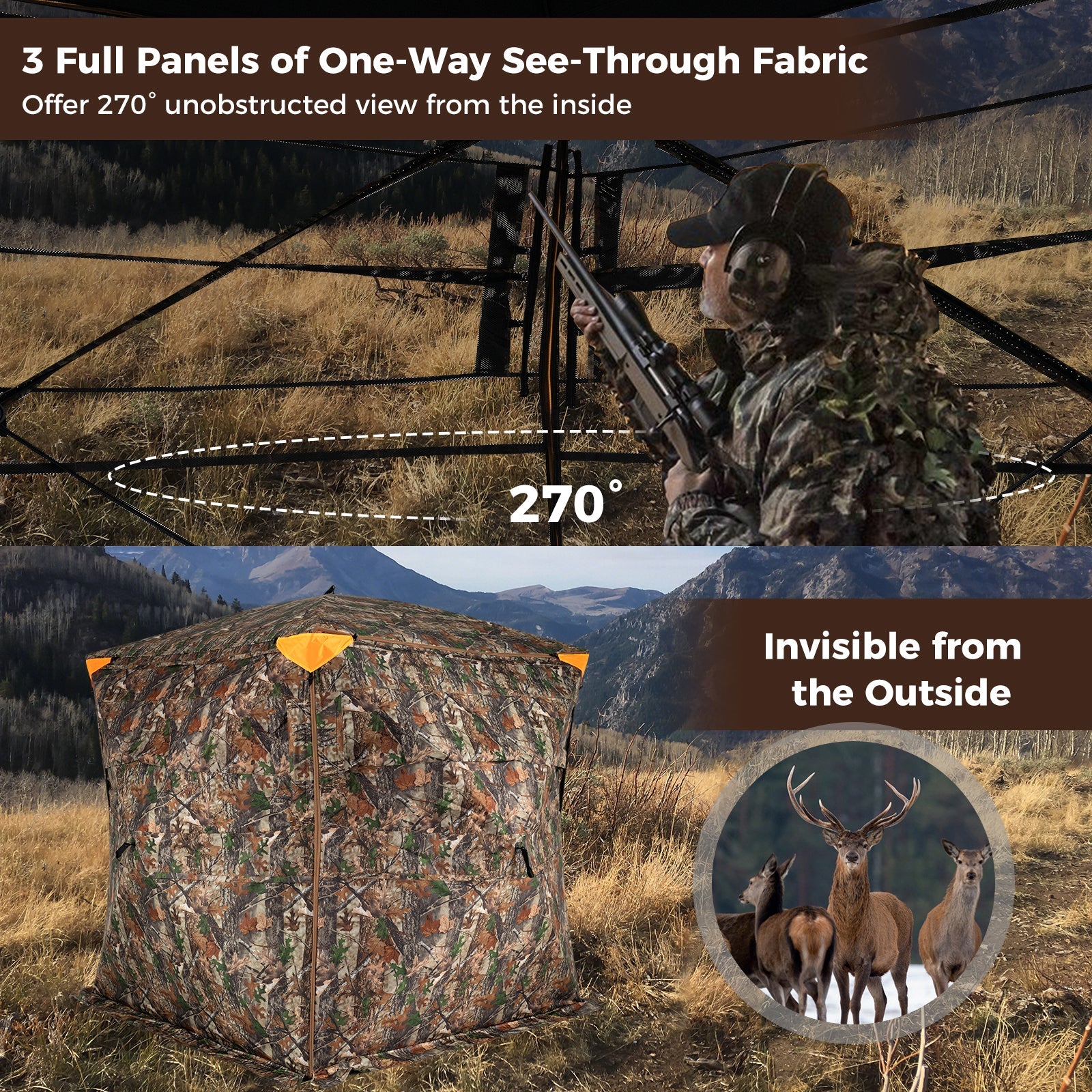 3-4 Person Hunting Blind 270° See-Through Pop-up Ground Blind with Full-Open Swing Door - Energize Trek