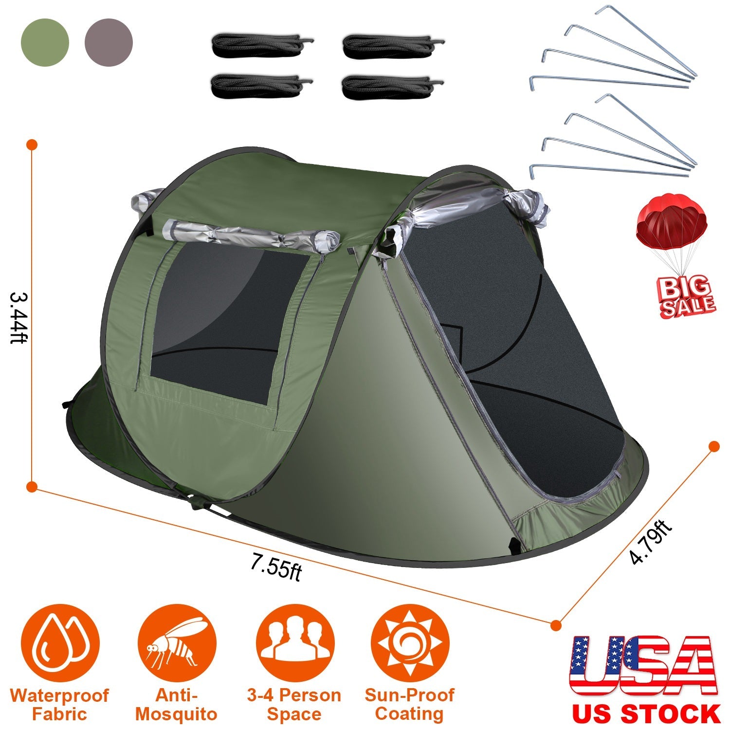3-4 Person Pop Up Tent Automatic Setup Camping Tent Waterproof Instant Setup Tent with 2 Mosquito Net Windows Carrying Bag for Hiking Climbing Adventu - Energize Trek