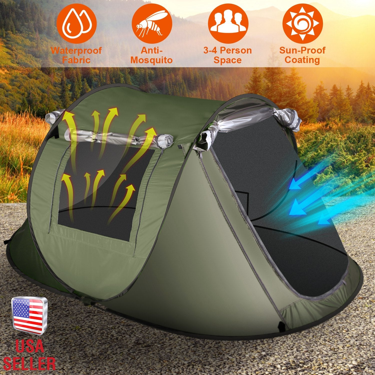3-4 Person Pop Up Tent Automatic Setup Camping Tent Waterproof Instant Setup Tent with 2 Mosquito Net Windows Carrying Bag for Hiking Climbing Adventu - Energize Trek