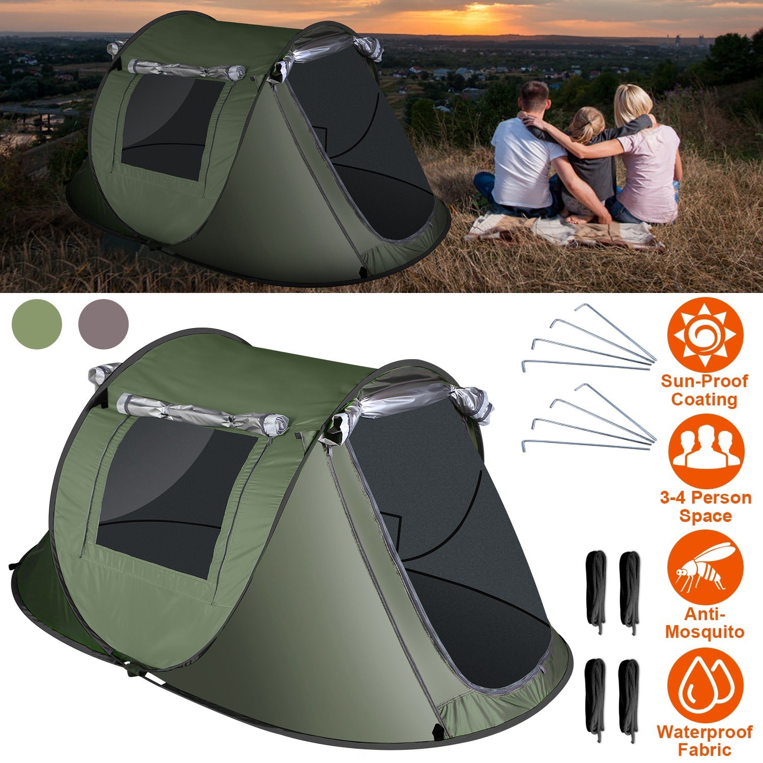 3-4 Person Pop Up Tent Automatic Setup Camping Tent Waterproof Instant Setup Tent with 2 Mosquito Net Windows Carrying Bag for Hiking Climbing Adventu - Energize Trek