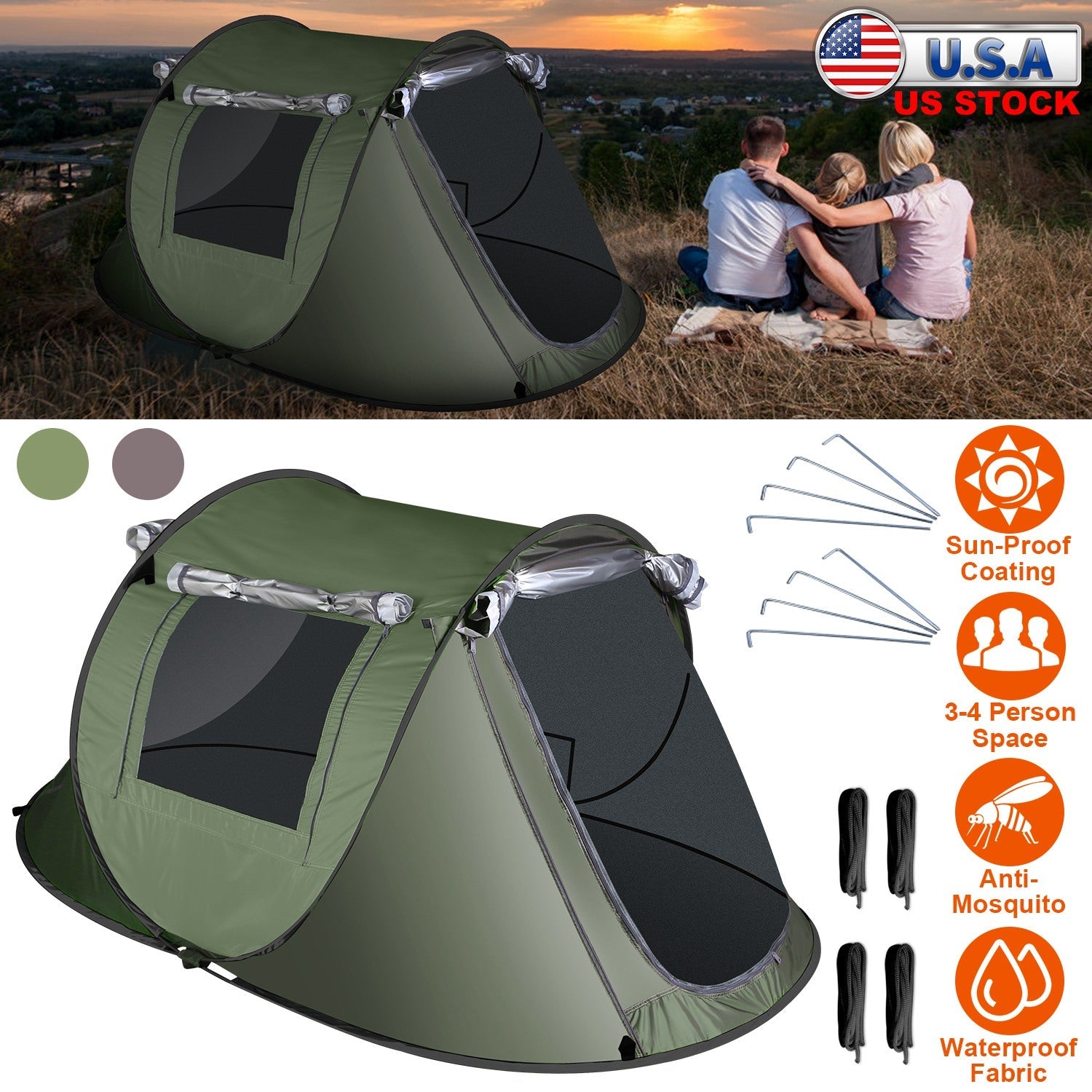 3-4 Person Pop Up Tent Automatic Setup Camping Tent Waterproof Instant Setup Tent with 2 Mosquito Net Windows Carrying Bag for Hiking Climbing Adventu - Energize Trek