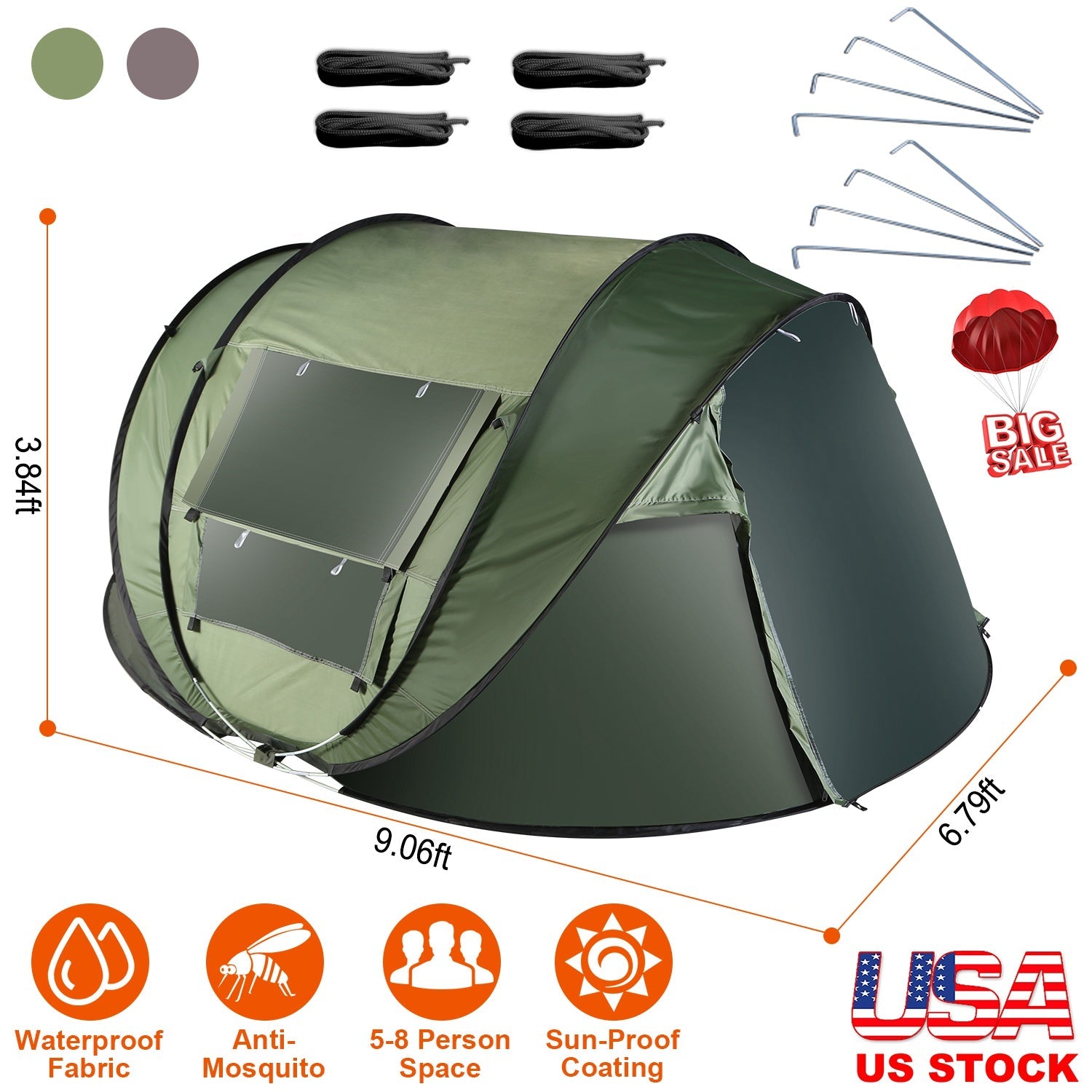 3-4 Person Pop Up Tent Automatic Setup Camping Tent Waterproof Instant Setup Tent with 2 Mosquito Net Windows Carrying Bag for Hiking Climbing Adventu - Energize Trek