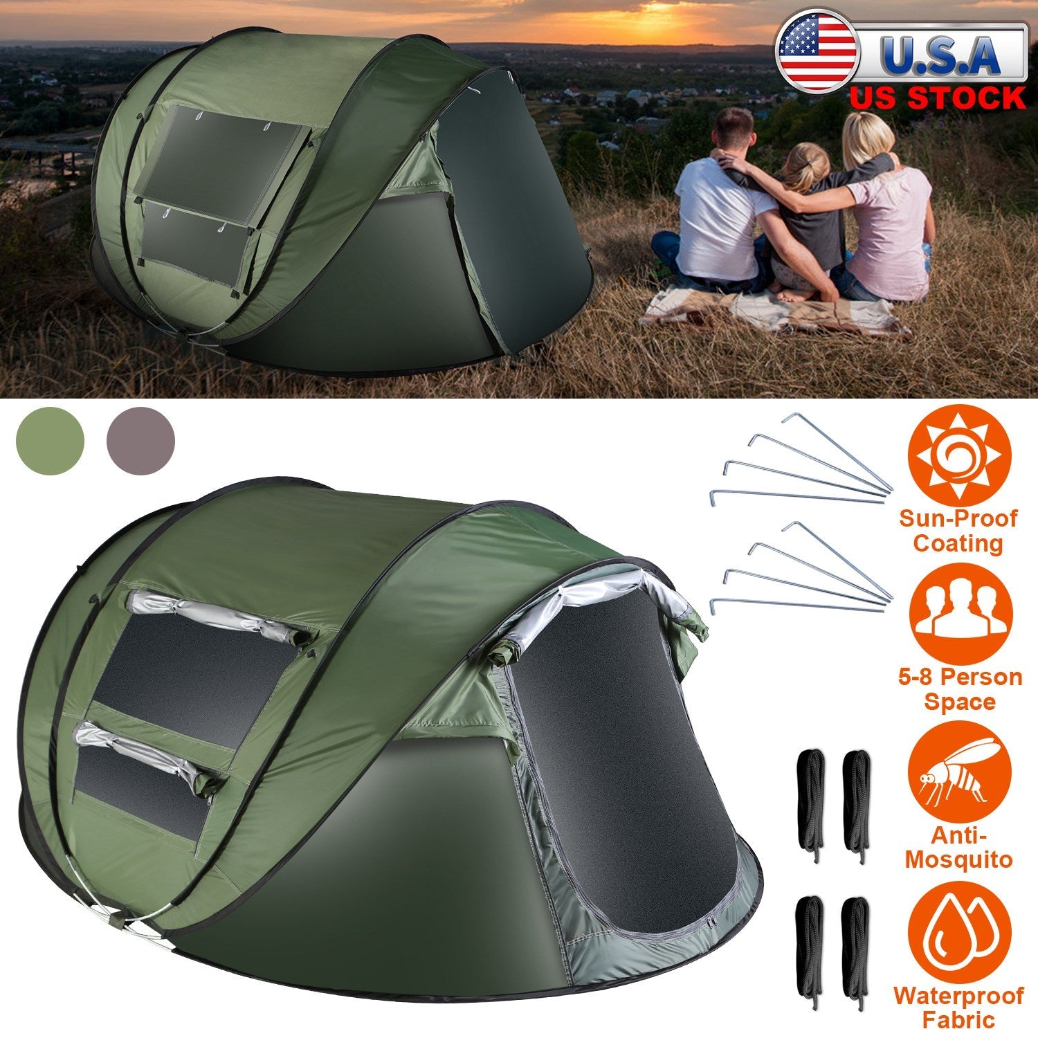 3-4 Person Pop Up Tent Automatic Setup Camping Tent Waterproof Instant Setup Tent with 2 Mosquito Net Windows Carrying Bag for Hiking Climbing Adventu - Energize Trek
