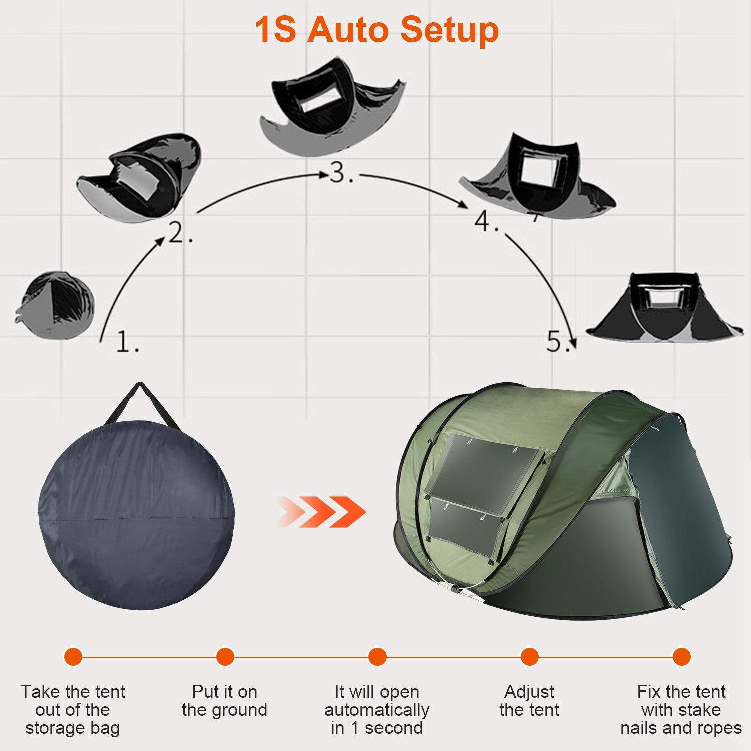 3-4 Person Pop Up Tent Automatic Setup Camping Tent Waterproof Instant Setup Tent with 2 Mosquito Net Windows Carrying Bag for Hiking Climbing Adventu - Energize Trek