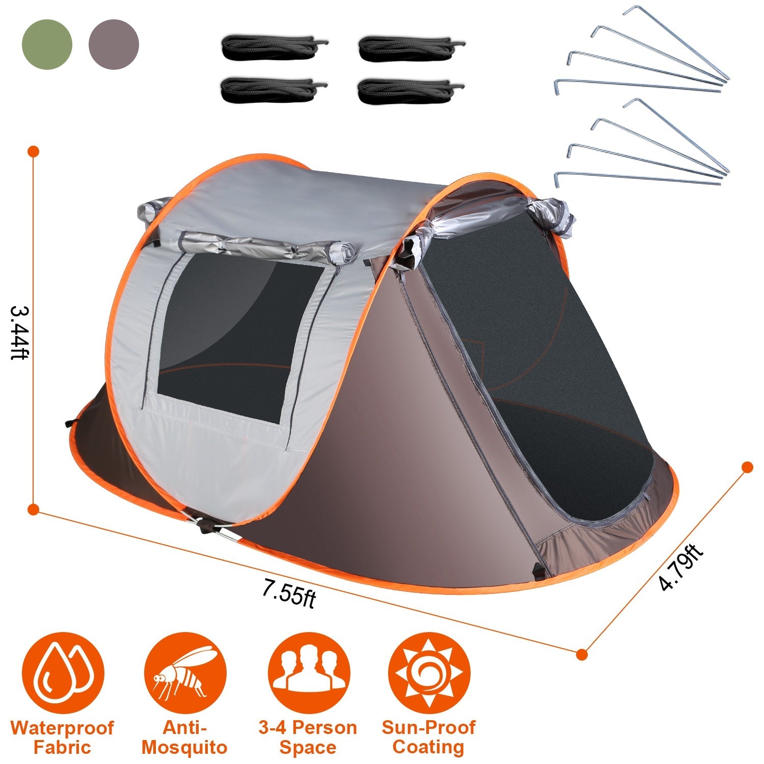 3-4 Person Pop Up Tent Automatic Setup Camping Tent Waterproof Instant Setup Tent with 2 Mosquito Net Windows Carrying Bag for Hiking Climbing Adventu - Energize Trek
