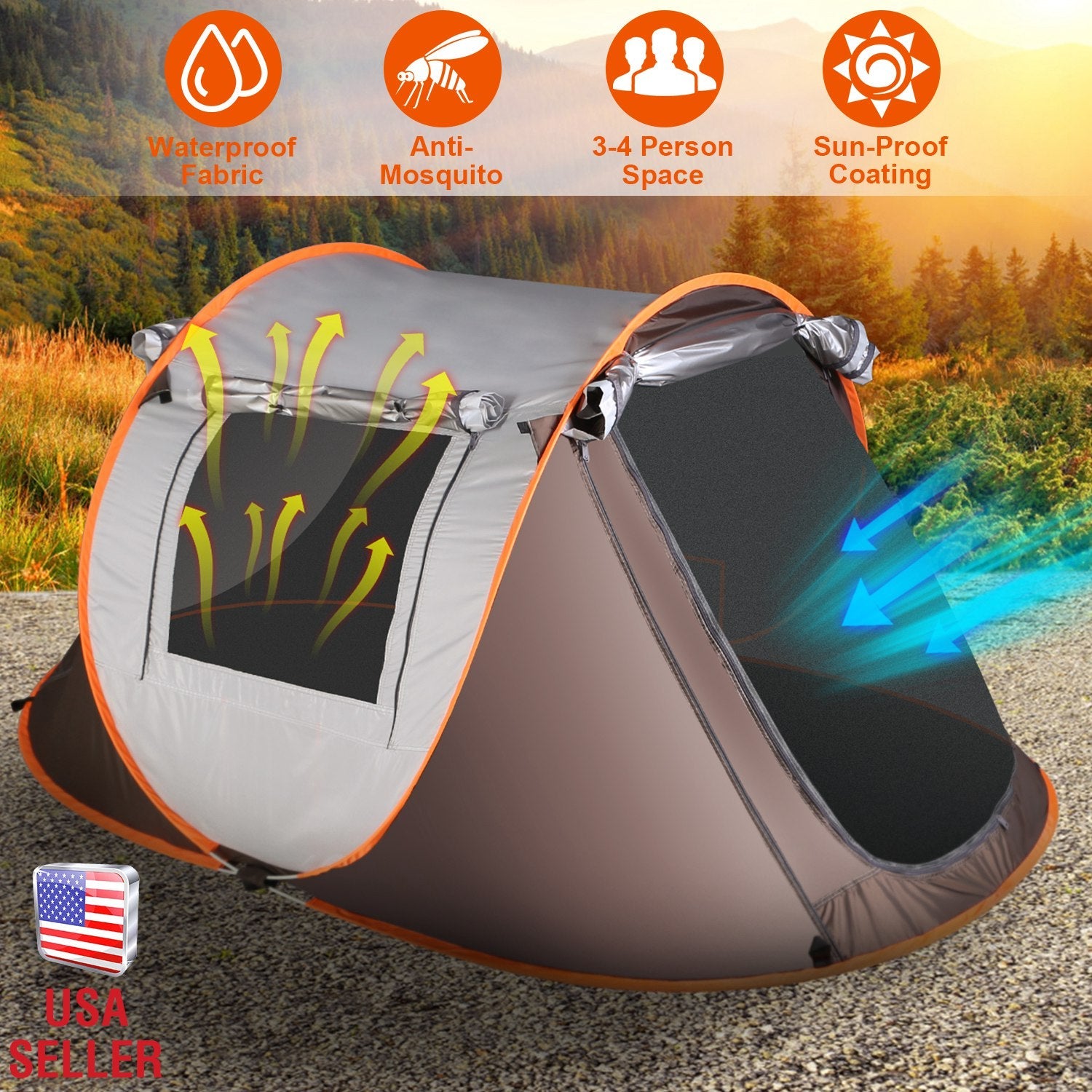 3-4 Person Pop Up Tent Automatic Setup Camping Tent Waterproof Instant Setup Tent with 2 Mosquito Net Windows Carrying Bag for Hiking Climbing Adventu - Energize Trek