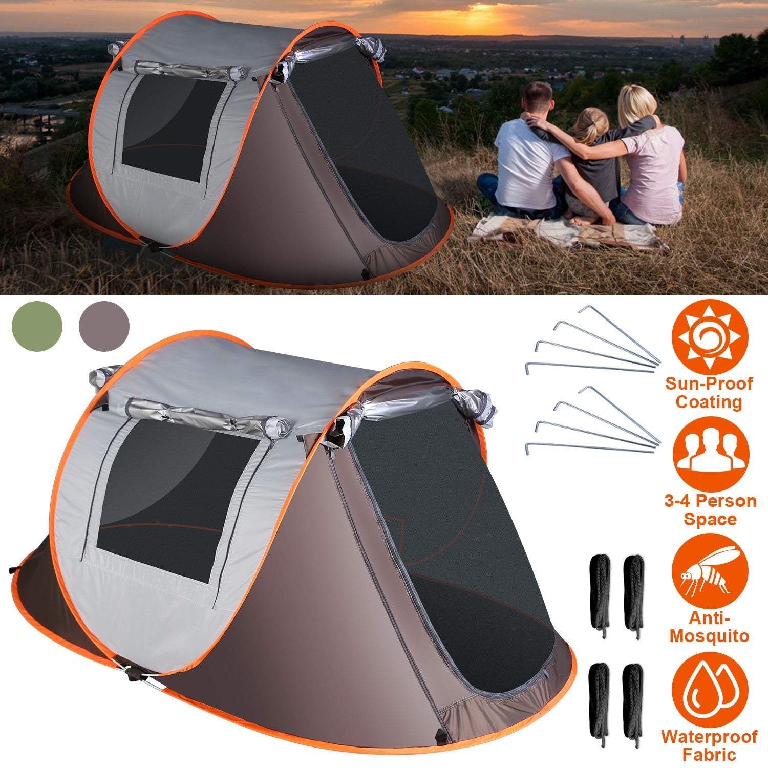 3-4 Person Pop Up Tent Automatic Setup Camping Tent Waterproof Instant Setup Tent with 2 Mosquito Net Windows Carrying Bag for Hiking Climbing Adventu - Energize Trek
