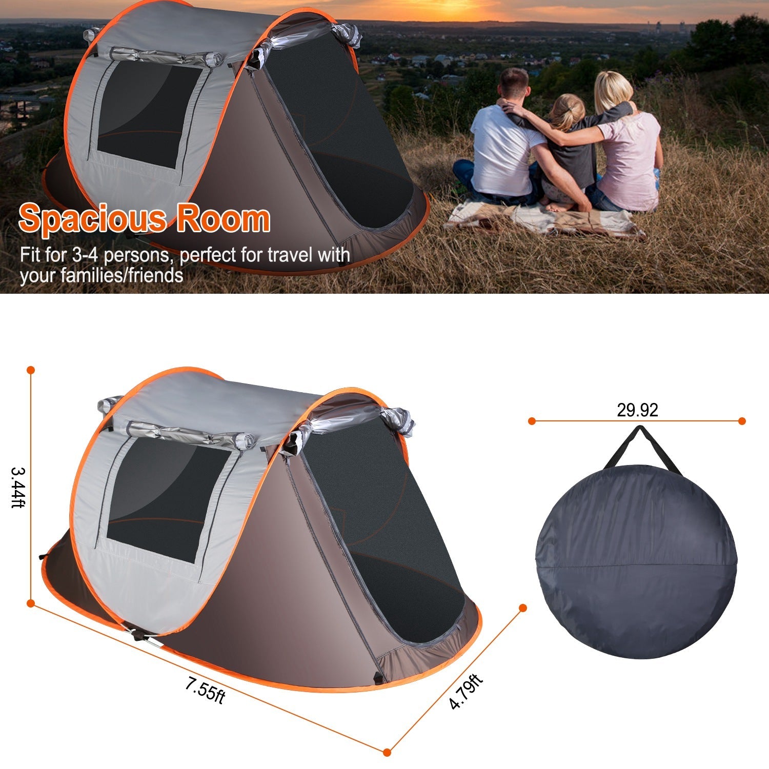 3-4 Person Pop Up Tent Automatic Setup Camping Tent Waterproof Instant Setup Tent with 2 Mosquito Net Windows Carrying Bag for Hiking Climbing Adventu - Energize Trek