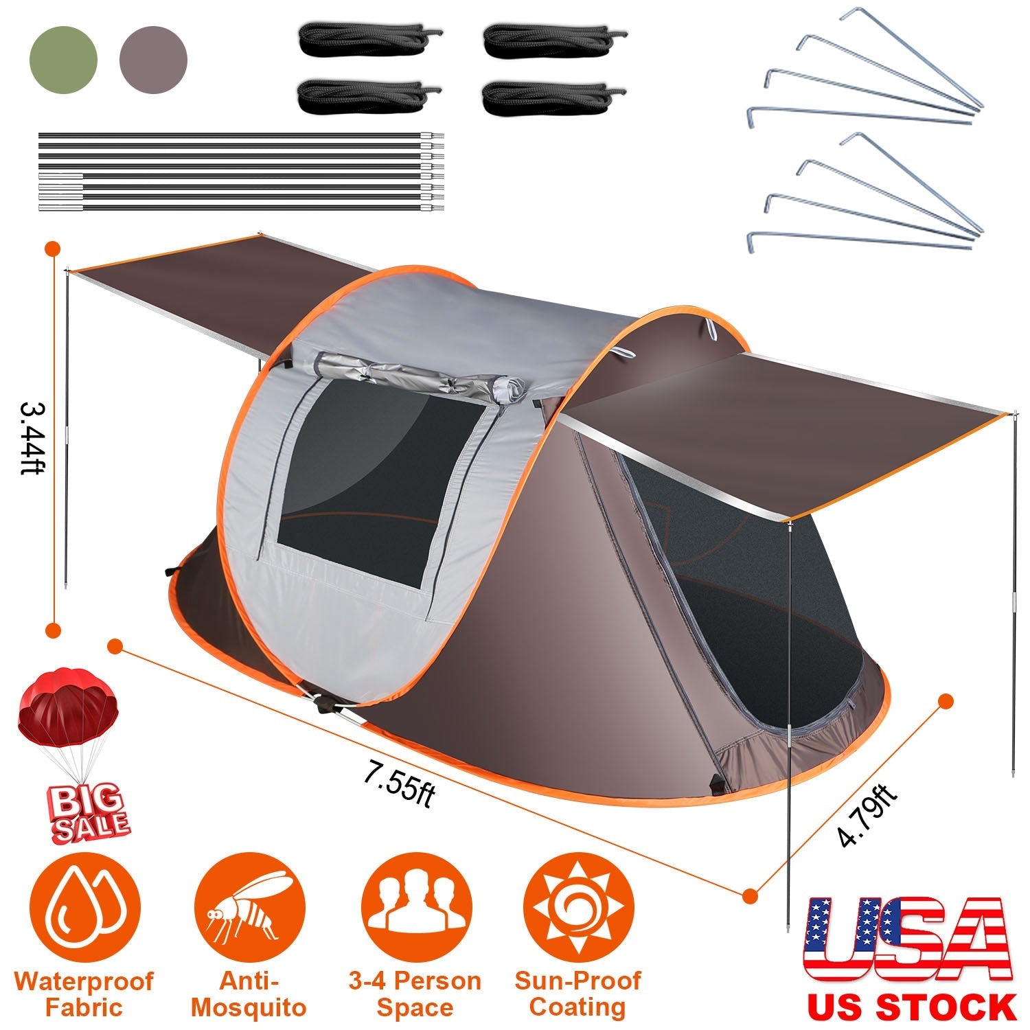 3-4 Person Pop Up Tent Automatic Setup Camping Tent Waterproof Instant Setup Tent with 2 Mosquito Net Windows Carrying Bag for Hiking Climbing Adventu - Energize Trek