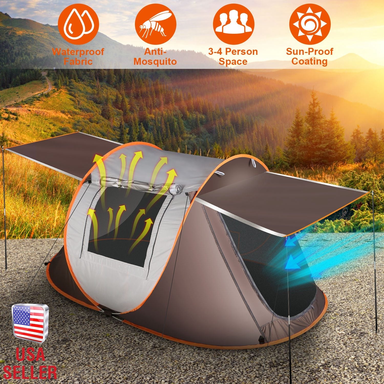 3-4 Person Pop Up Tent Automatic Setup Camping Tent Waterproof Instant Setup Tent with 2 Mosquito Net Windows Carrying Bag for Hiking Climbing Adventu - Energize Trek