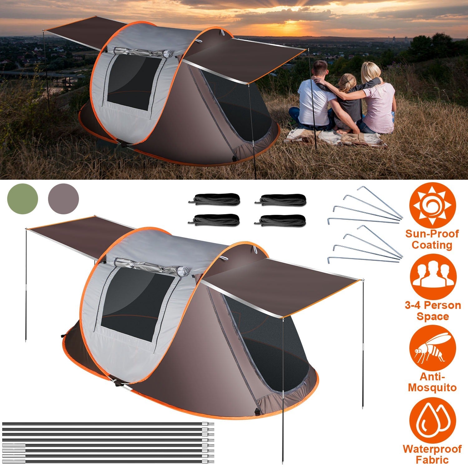 3-4 Person Pop Up Tent Automatic Setup Camping Tent Waterproof Instant Setup Tent with 2 Mosquito Net Windows Carrying Bag for Hiking Climbing Adventu - Energize Trek