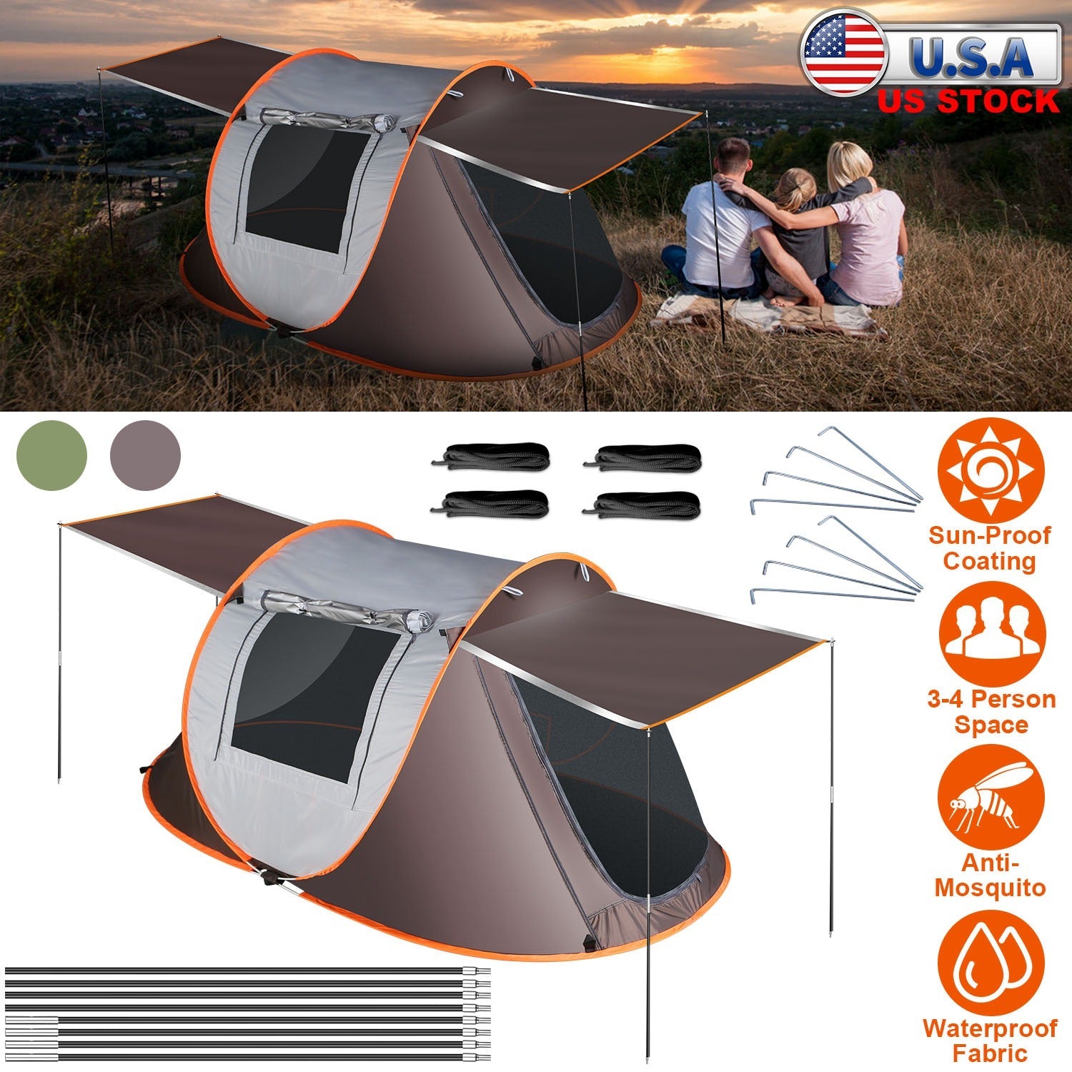 3-4 Person Pop Up Tent Automatic Setup Camping Tent Waterproof Instant Setup Tent with 2 Mosquito Net Windows Carrying Bag for Hiking Climbing Adventu - Energize Trek