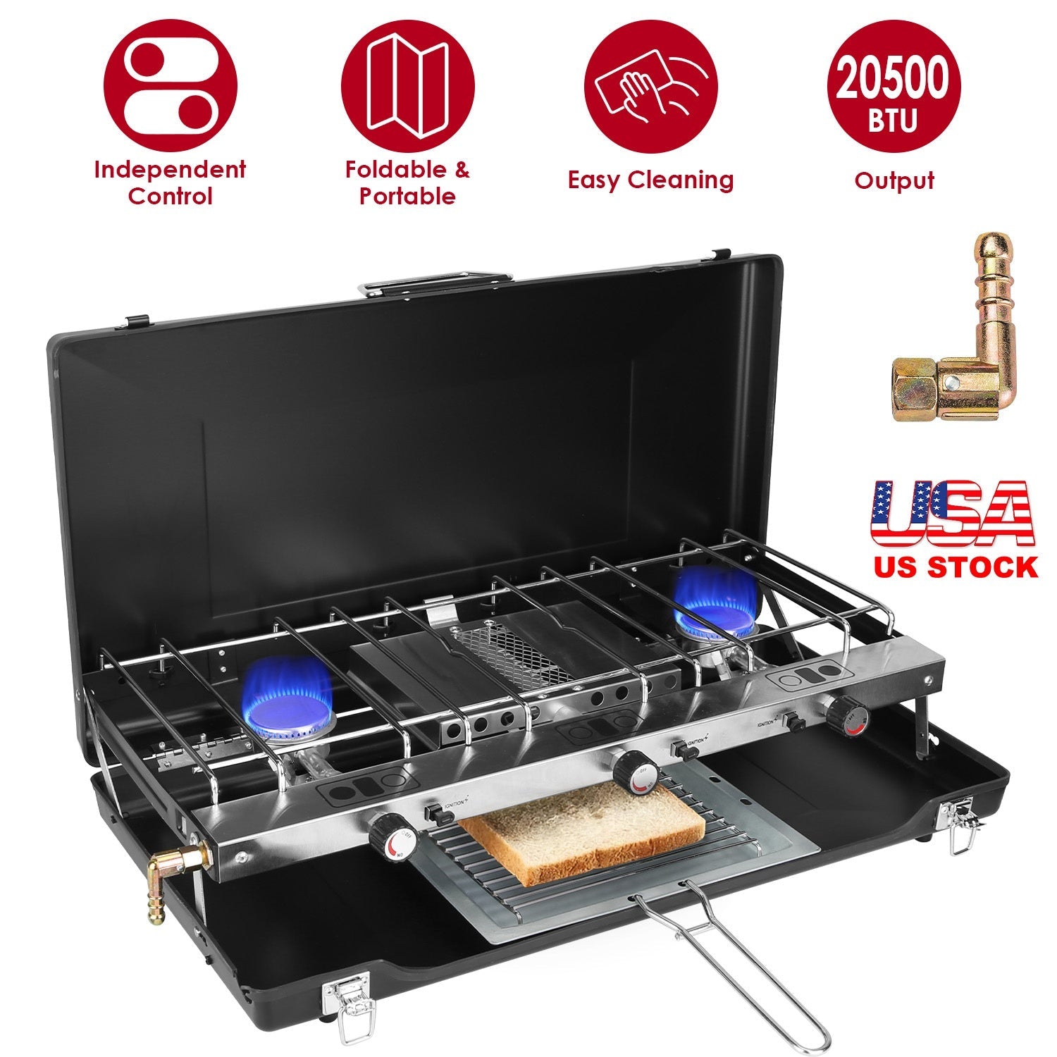 3 Burner Camping Stove 20000 BTU Portable Foldable Propane Stove With Toast Tray Windshield Portable Handle Outdoor Cooking Gas Stove For RV Camping B - Energize Trek