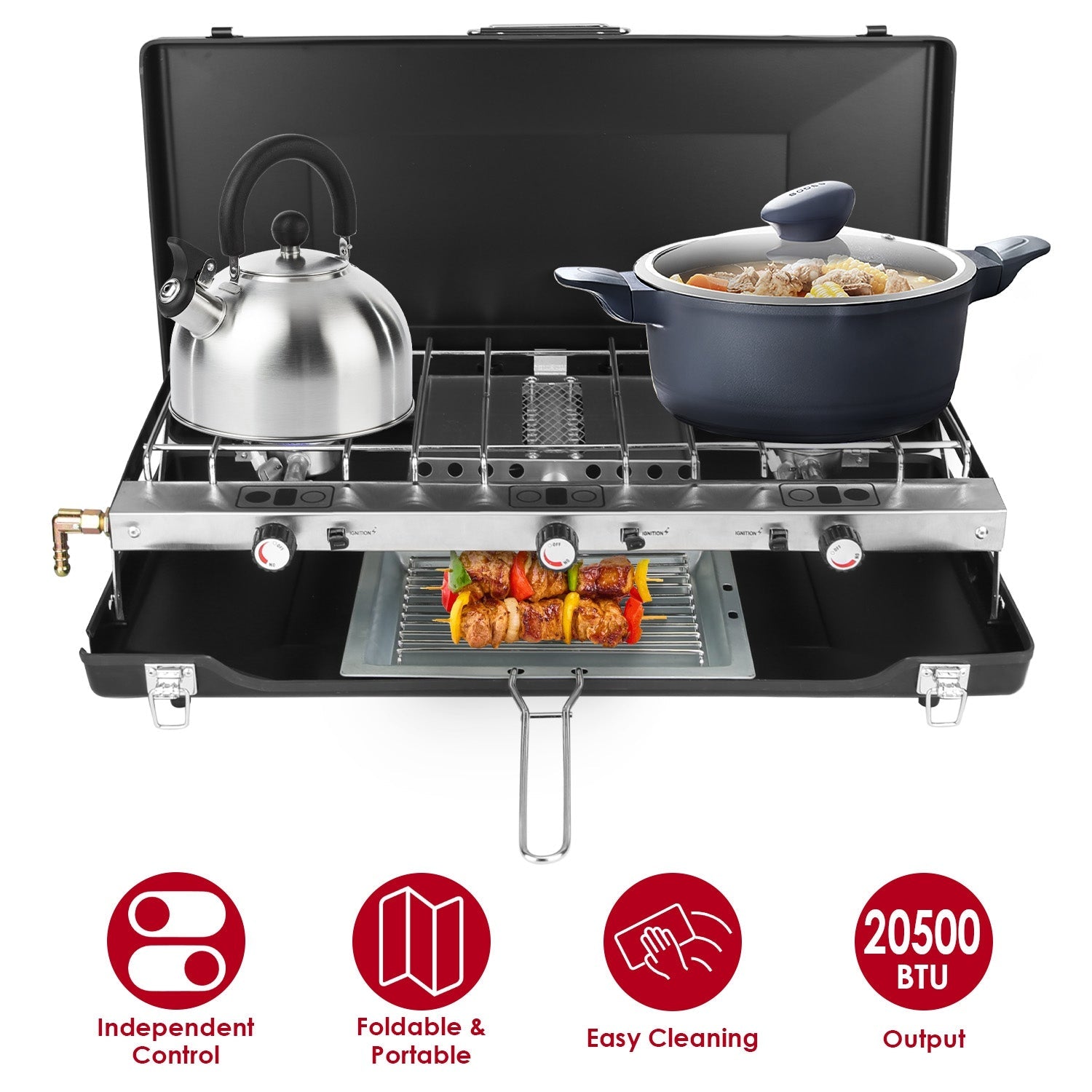 3 Burner Camping Stove 20000 BTU Portable Foldable Propane Stove With Toast Tray Windshield Portable Handle Outdoor Cooking Gas Stove For RV Camping B - Energize Trek