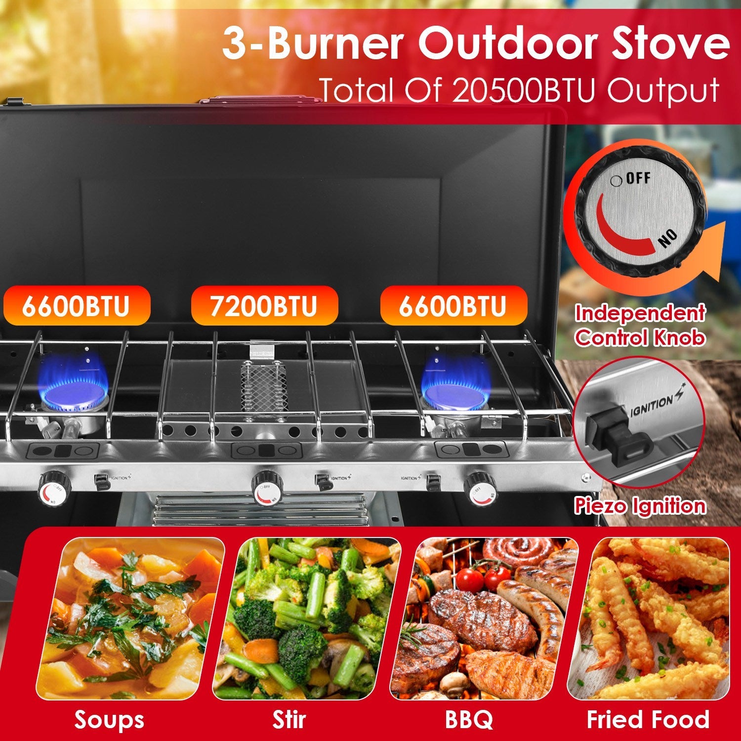 3 Burner Camping Stove 20000 BTU Portable Foldable Propane Stove With Toast Tray Windshield Portable Handle Outdoor Cooking Gas Stove For RV Camping B - Energize Trek