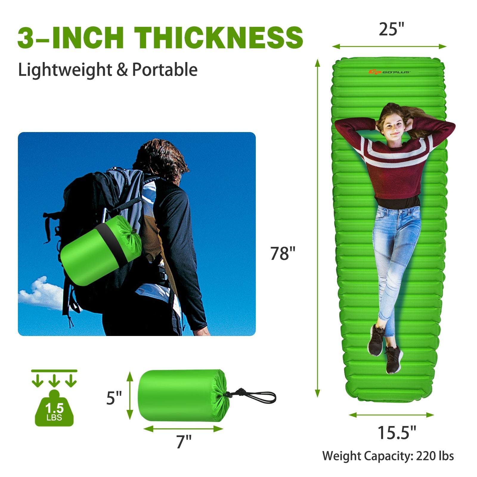 3 Inch Thick Inflatable Waterproof Camping Sleeping Pad - Energize Trek