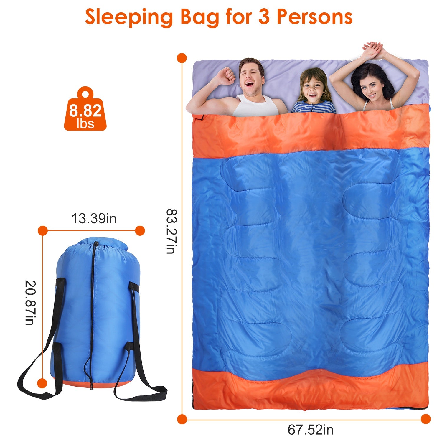 3 People Sleeping Bag for Adult Kids Lightweight Water Resistant Camping Cotton Liner Cold Warm Weather Indoor Outdoor Use 3 Season with Sack for Spri - Energize Trek