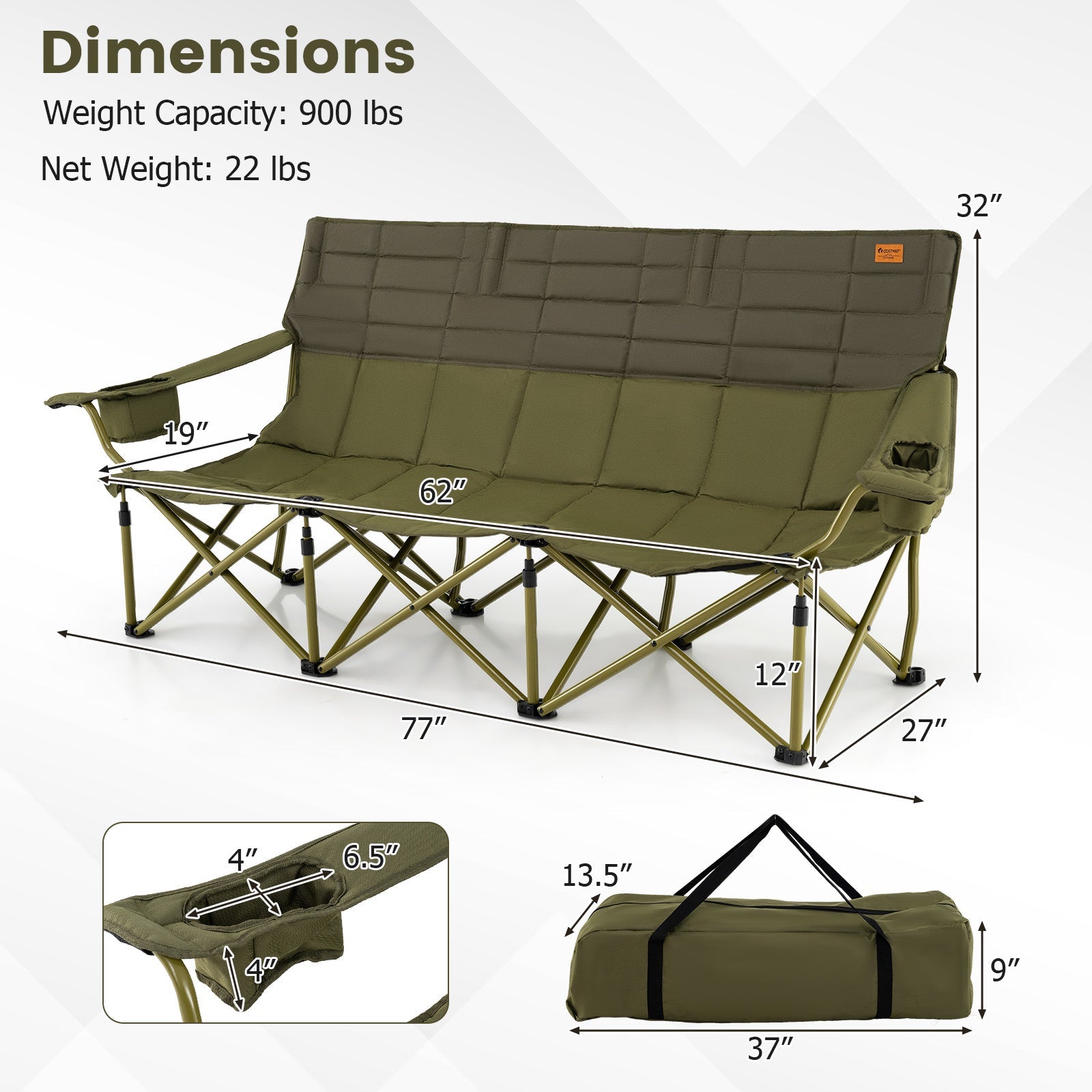 3 Person Folding Camping Chair with 2 Cup Holders Cotton Padding & Storage Bag - Energize Trek
