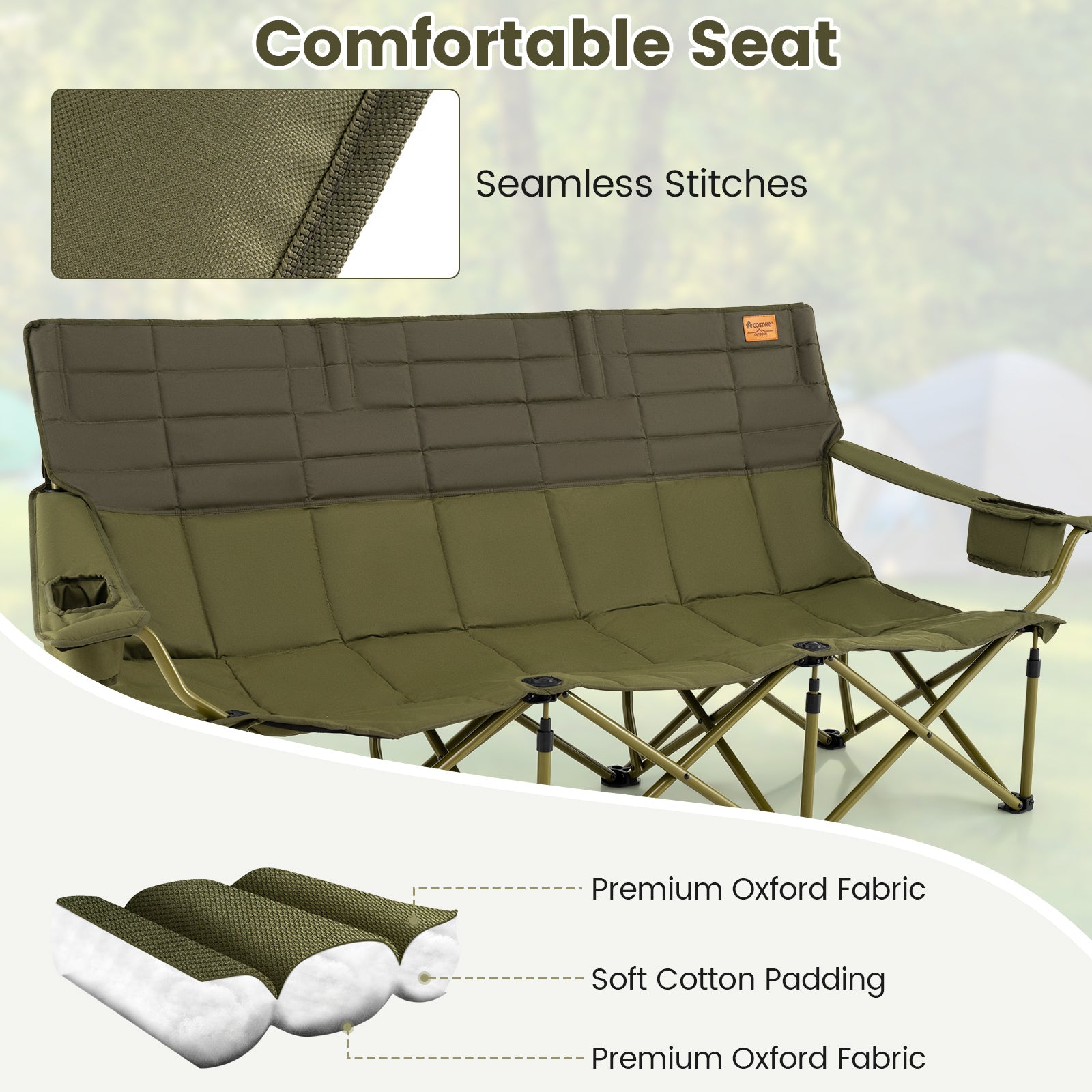 3 Person Folding Camping Chair with 2 Cup Holders Cotton Padding & Storage Bag - Energize Trek