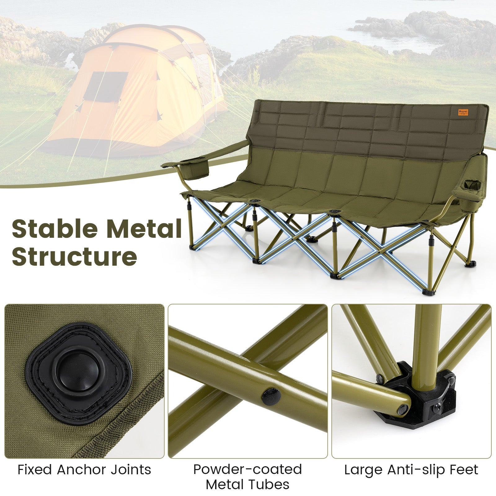 3 Person Folding Camping Chair with 2 Cup Holders Cotton Padding & Storage Bag - Energize Trek