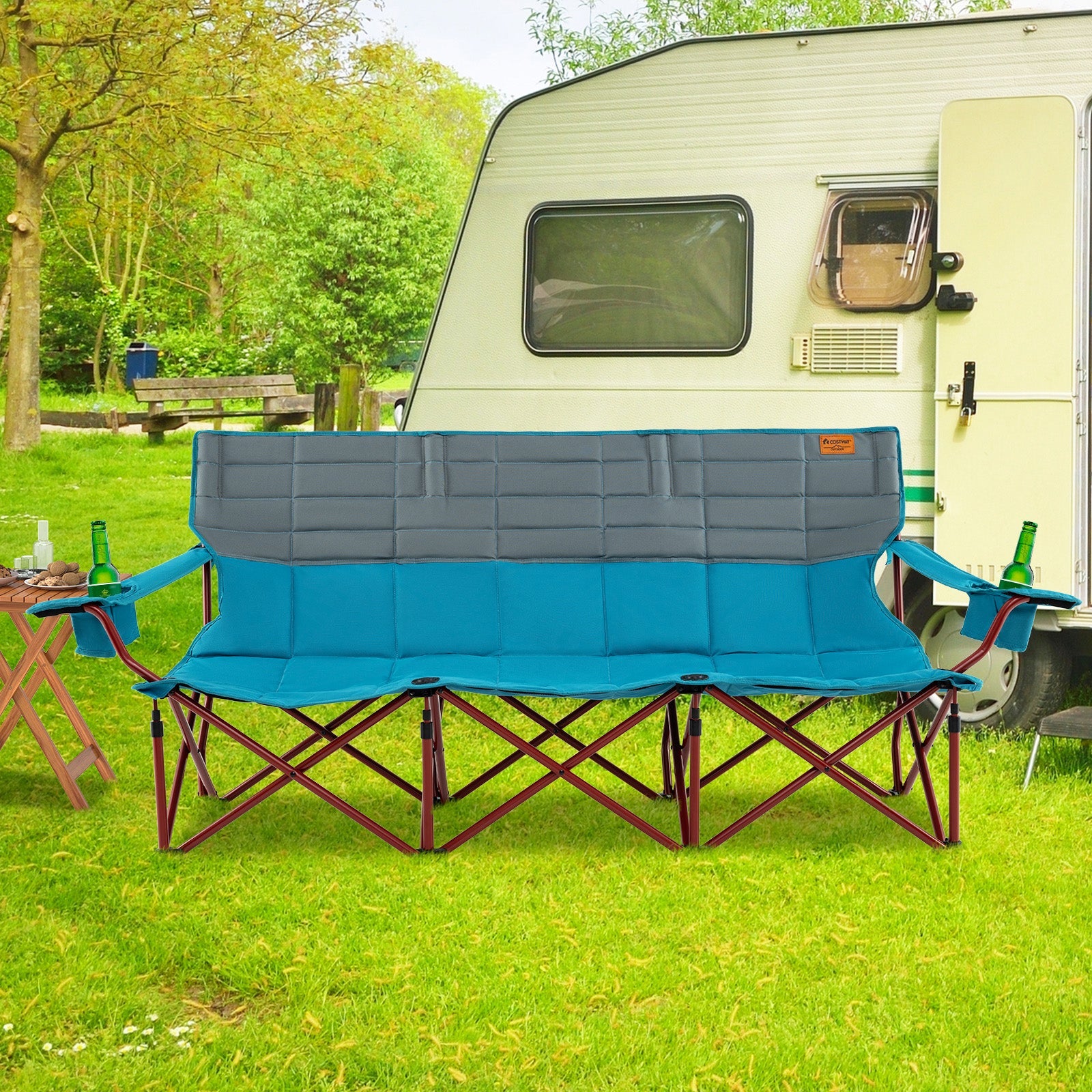3 Person Folding Camping Chair with 2 Cup Holders Cotton Padding & Storage Bag - Energize Trek