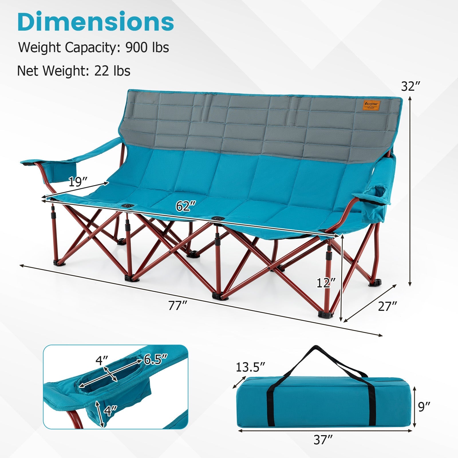 3 Person Folding Camping Chair with 2 Cup Holders Cotton Padding & Storage Bag - Energize Trek