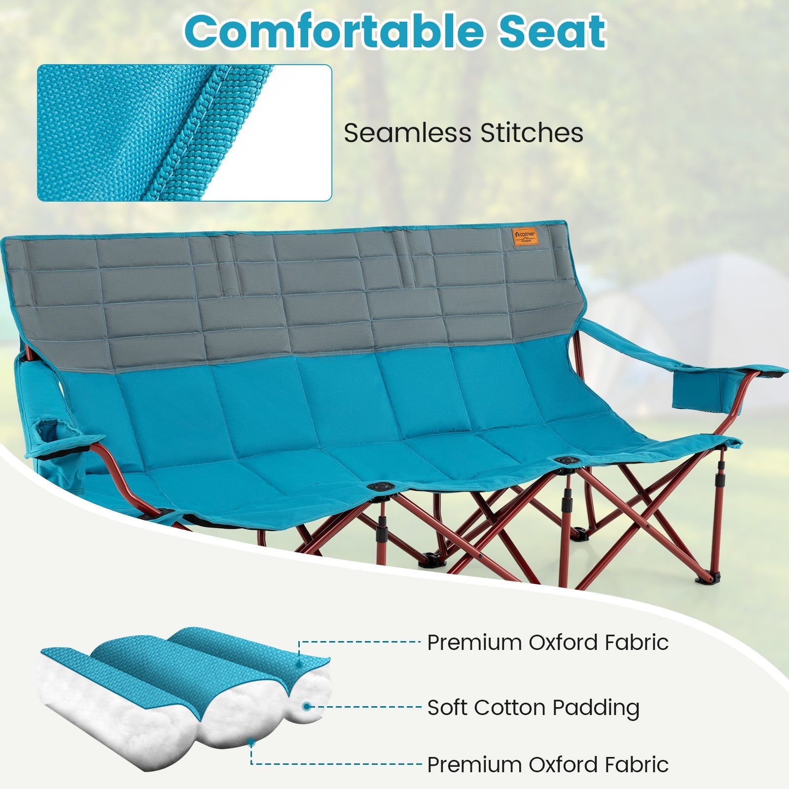 3 Person Folding Camping Chair with 2 Cup Holders Cotton Padding & Storage Bag - Energize Trek