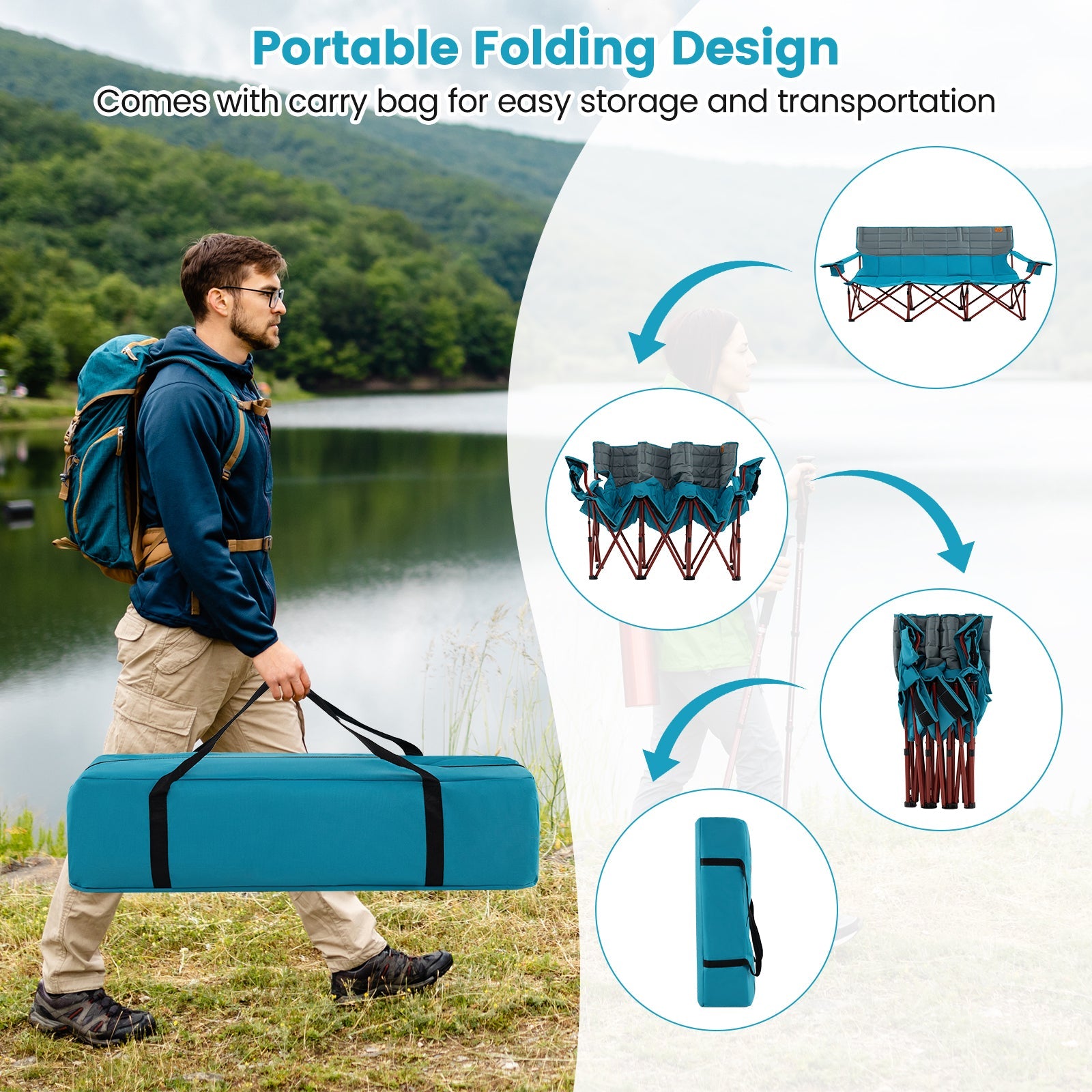 3 Person Folding Camping Chair with 2 Cup Holders Cotton Padding & Storage Bag - Energize Trek