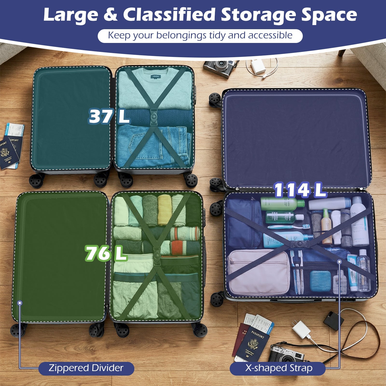 3-Piece Hardside Luggage Set 20/24/28 Inch Lightweight Hardside Suitcases - Energize Trek