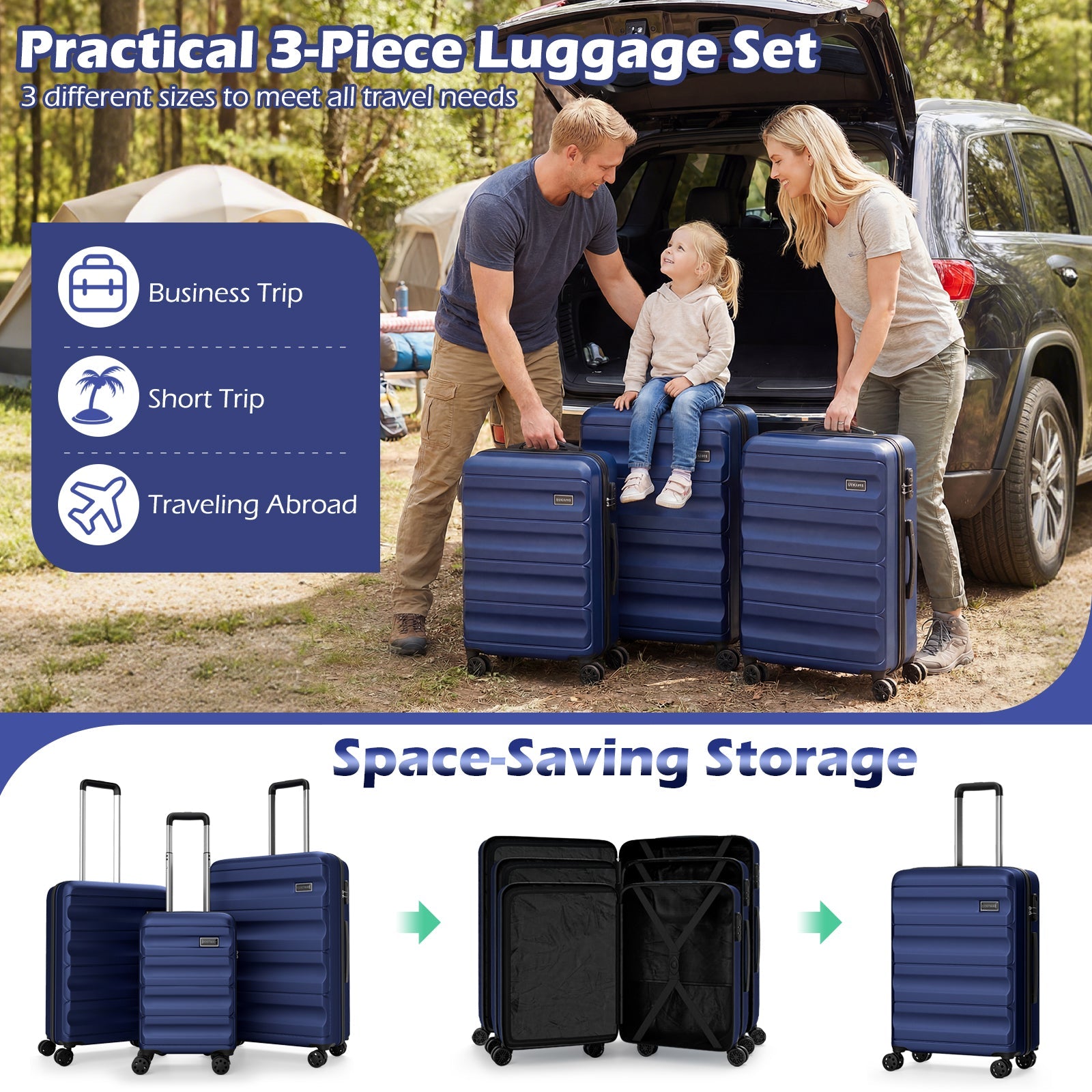 3-Piece Hardside Luggage Set 20/24/28 Inch Lightweight Hardside Suitcases - Energize Trek