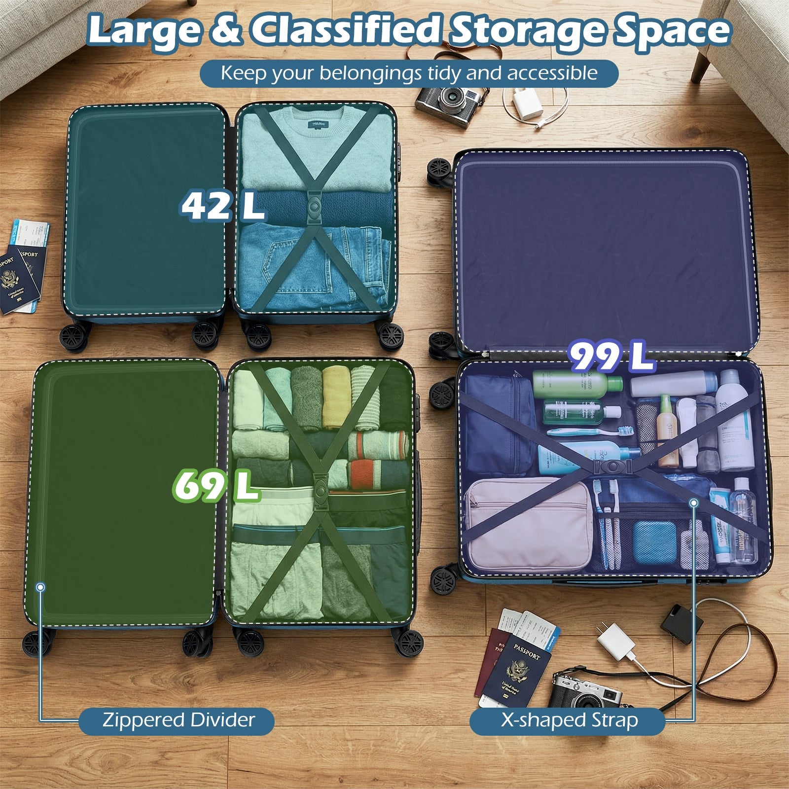 3-Piece Hardside Luggage Set (20/24/28 Inch) Lightweight with 3-Digital Lock - Energize Trek