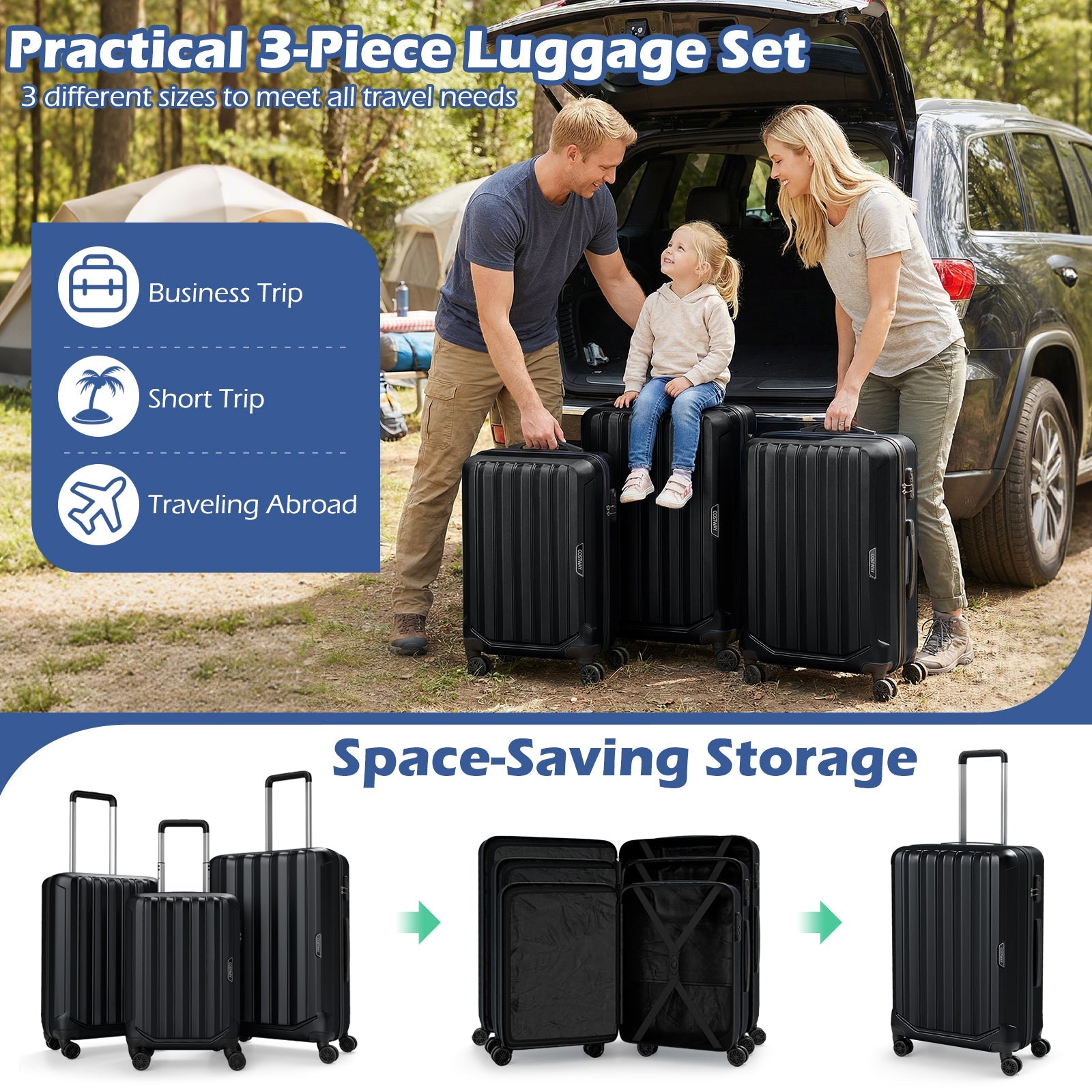 3-Piece Hardside Luggage Set (20/24/28 Inch) Lightweight with 3-Digital Lock - Energize Trek