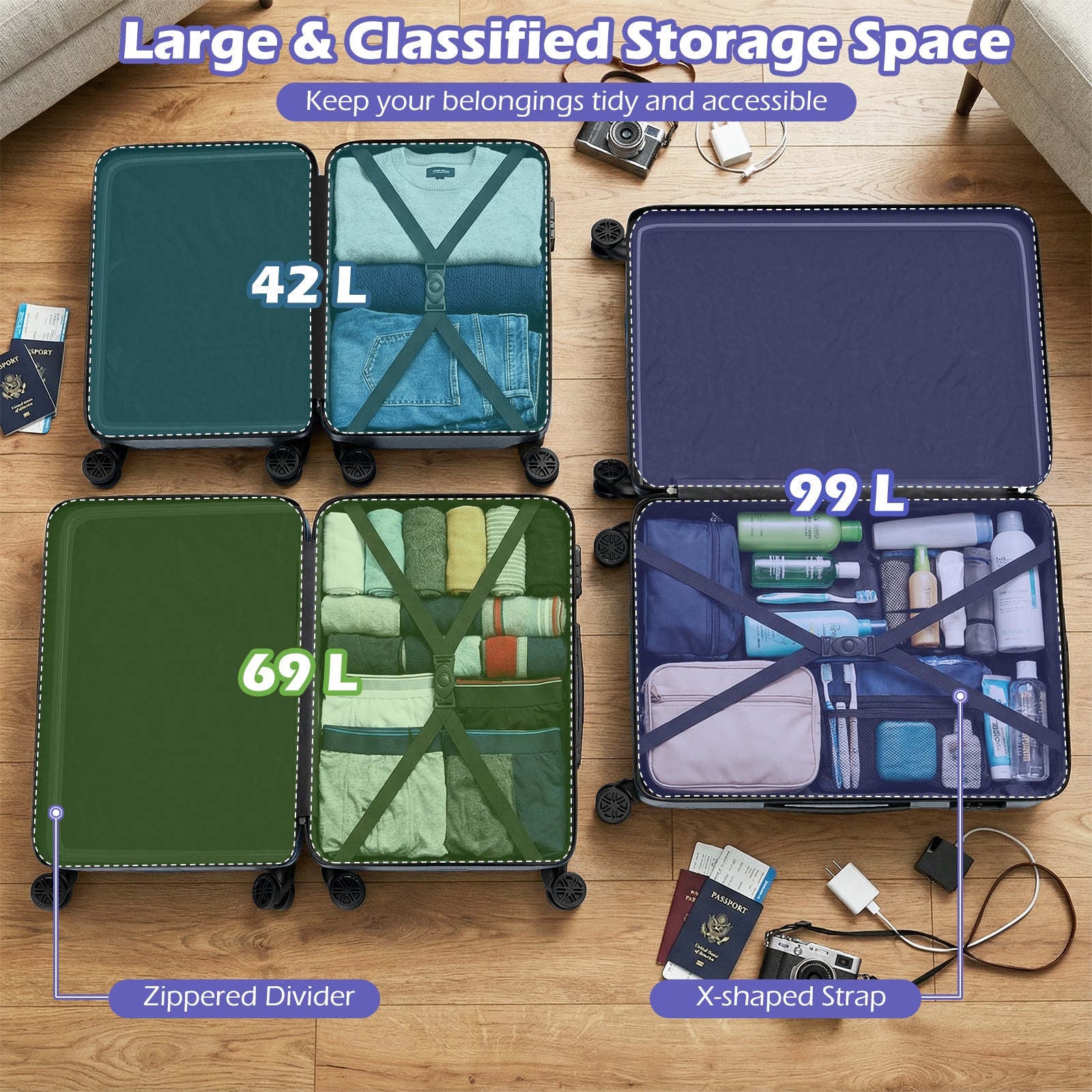 3-Piece Hardside Luggage Set (20/24/28 Inch) Lightweight with 3-Digital Lock - Energize Trek