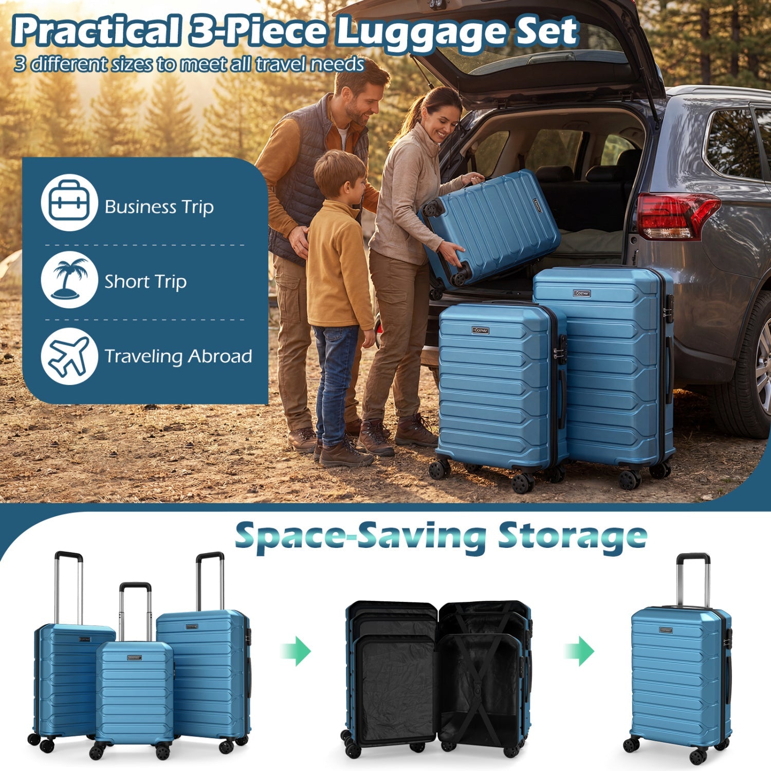 3-Piece Hardside Luggage Set Lightweight Hardside Suitcases with 8-Spinner Wheels - Energize Trek