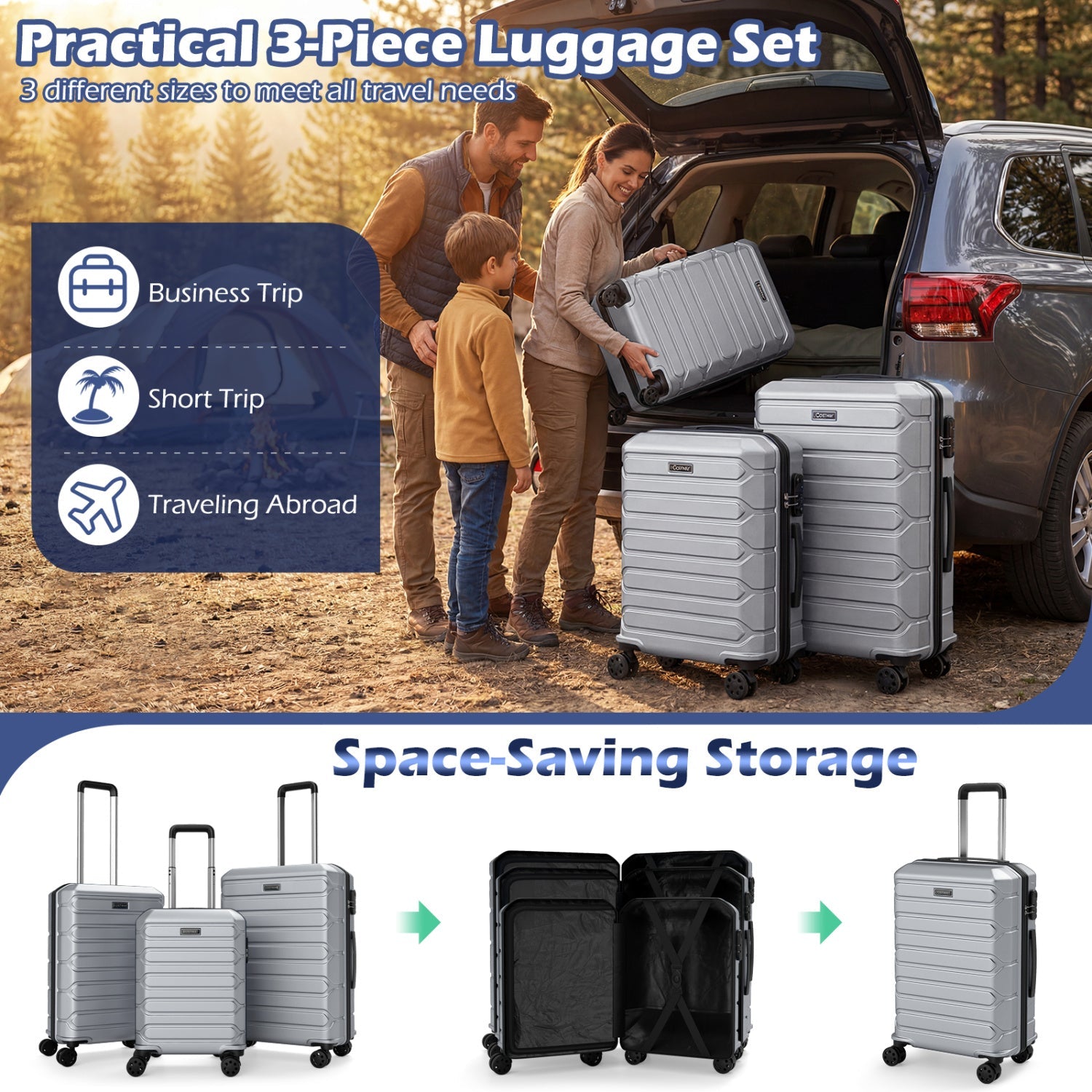 3-Piece Hardside Luggage Set Lightweight Hardside Suitcases with 8-Spinner Wheels - Energize Trek
