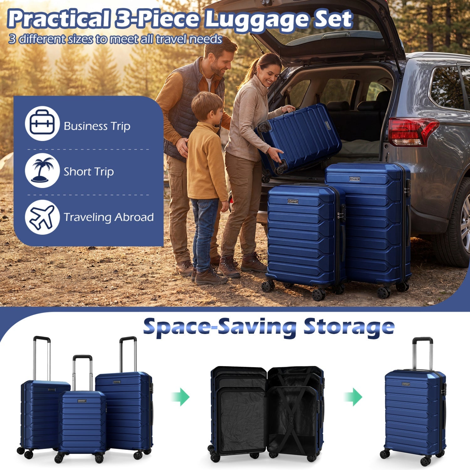 3-Piece Hardside Luggage Set Lightweight Hardside Suitcases with 8-Spinner Wheels - Energize Trek