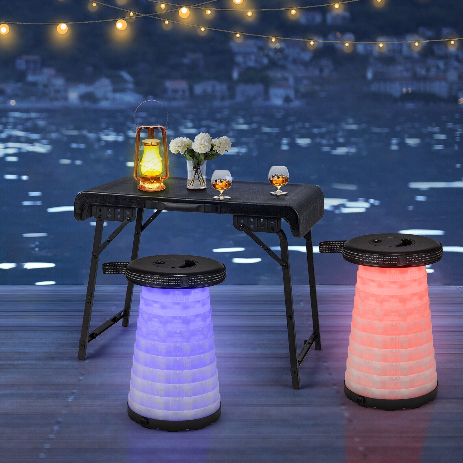 3 Pieces Folding Camping Table Stool Set with 2 Retractable LED Stools-Black - Energize Trek