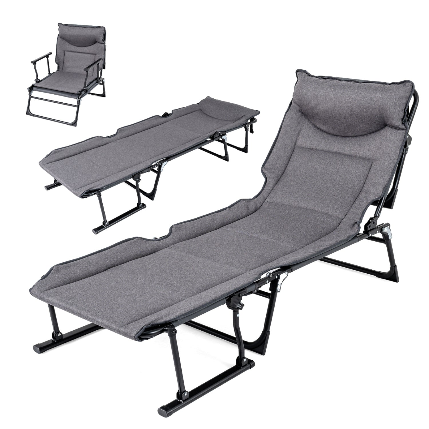 3 in 1 Folding Camping Cot Comfy Padded Convertible Single Sofa Chair-Gray - Energize Trek