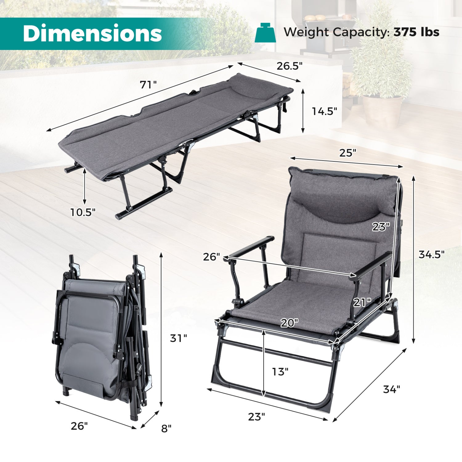 3 in 1 Folding Camping Cot Comfy Padded Convertible Single Sofa Chair-Gray - Energize Trek