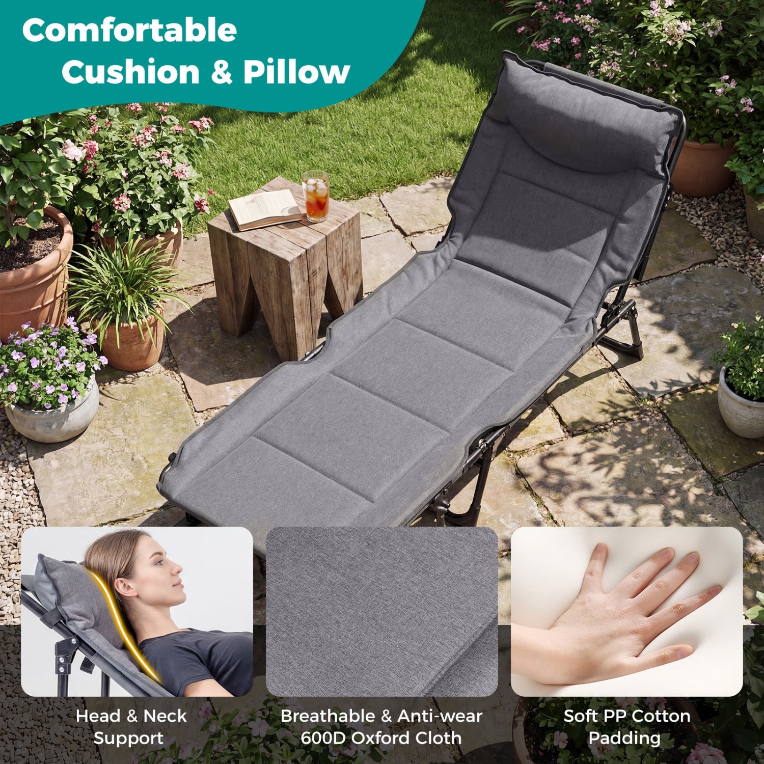 3 in 1 Folding Camping Cot Comfy Padded Convertible Single Sofa Chair-Gray - Energize Trek