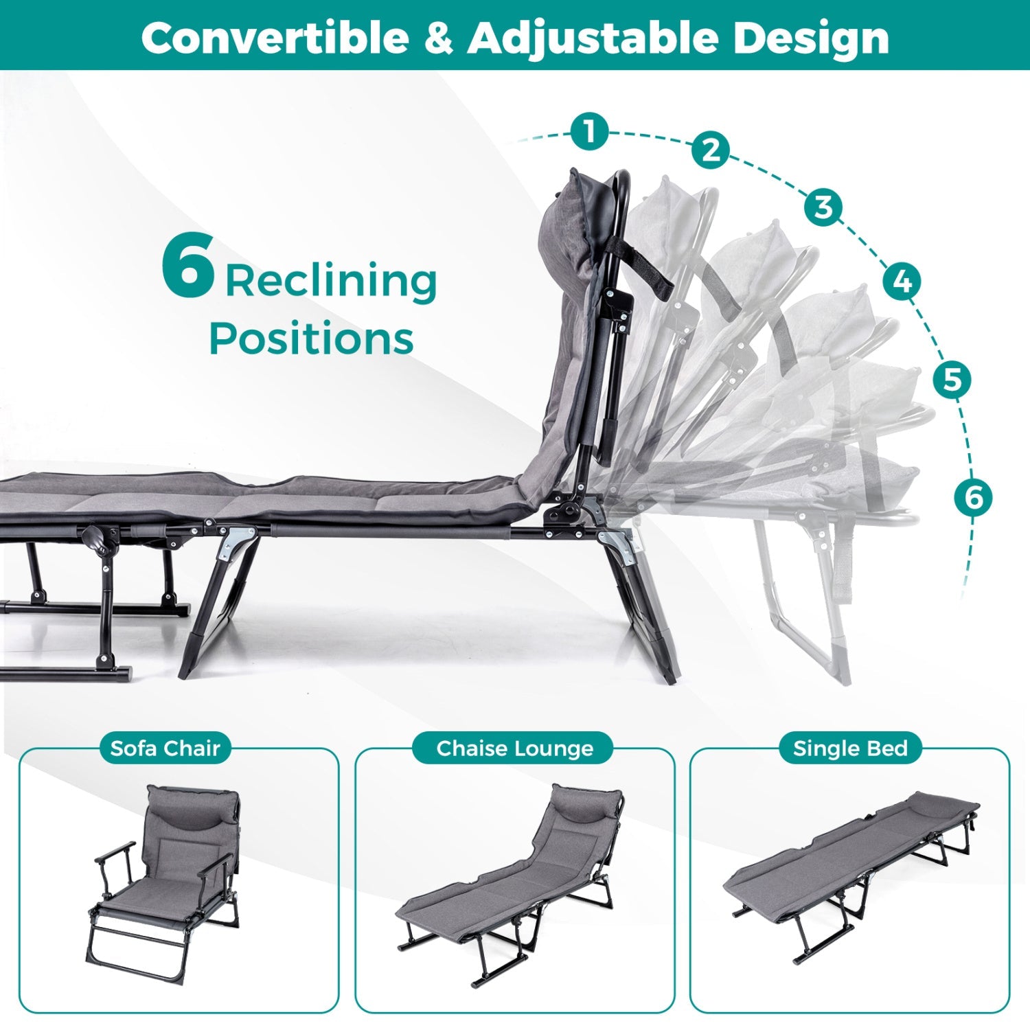 3 in 1 Folding Camping Cot Comfy Padded Convertible Single Sofa Chair-Gray - Energize Trek