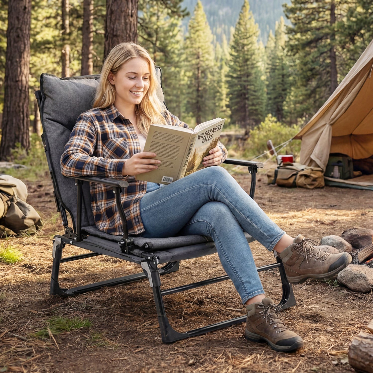 3 in 1 Folding Camping Cot and Comfy Padded Convertible Single Sofa Chair-Gray - Energize Trek