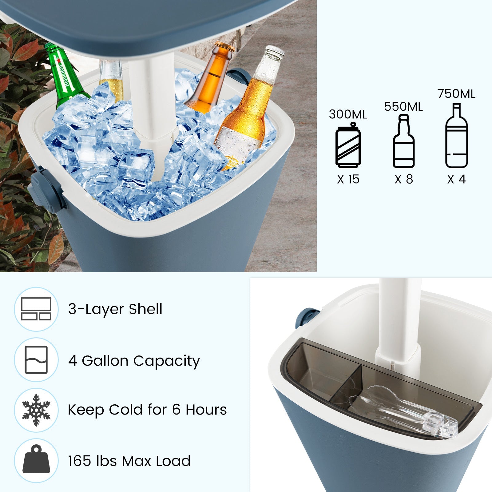 3-in-1 Portable Cooler Bar Table with Bottle Opener and Lift Top Lid for Camping Poolside - Energize Trek