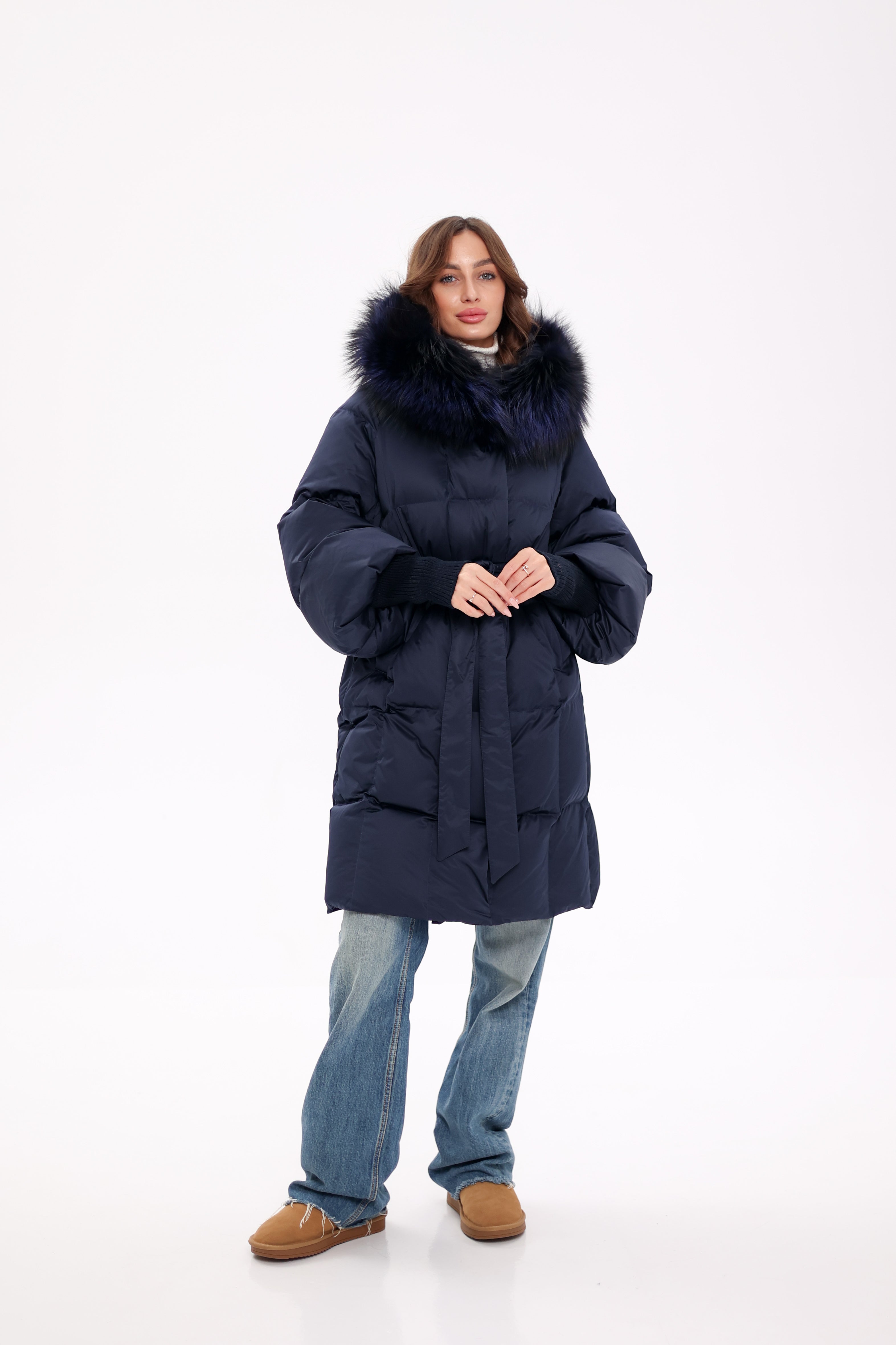 Genuine Fox Fur Trim Down Coat in Royal Blue - Energize Trek