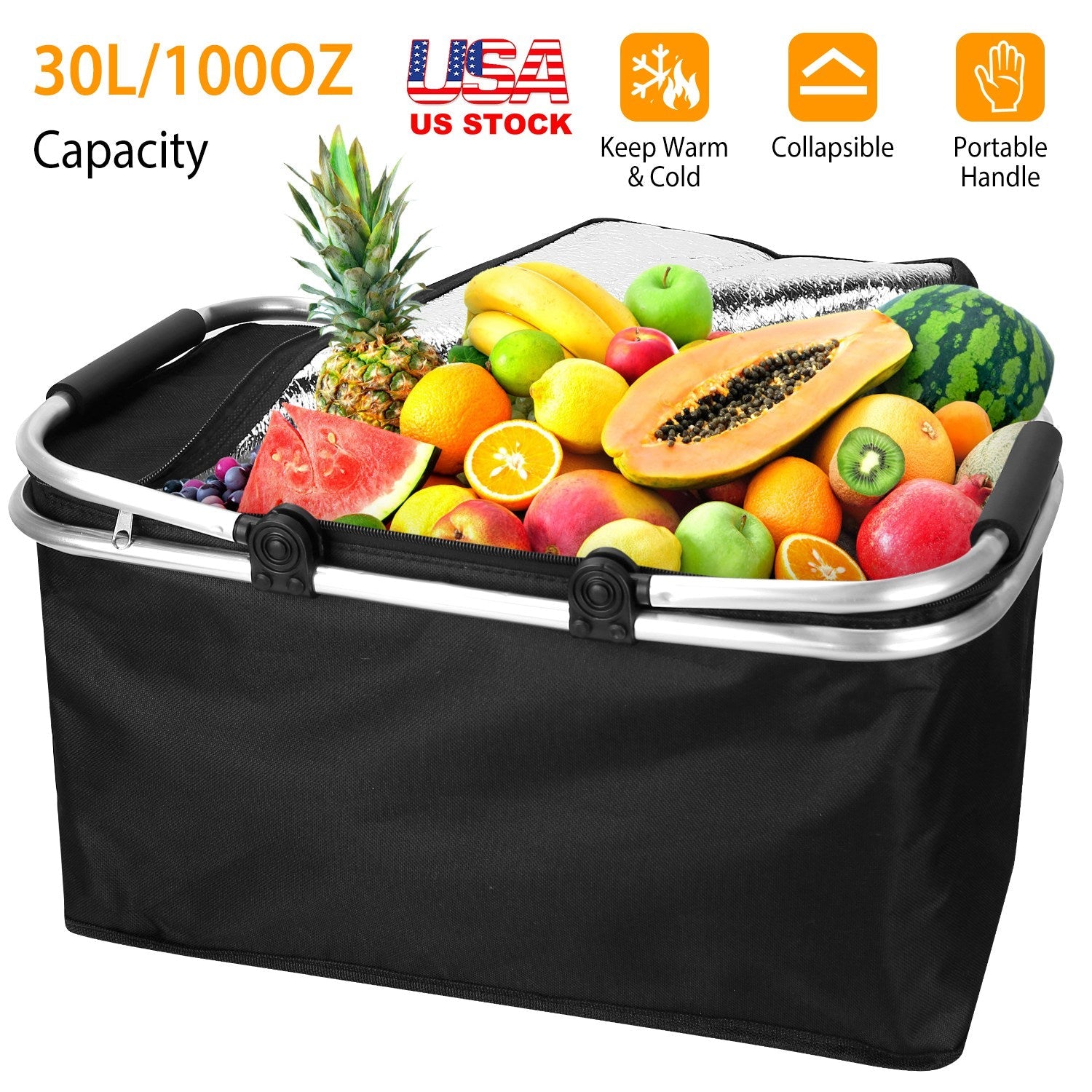 30L Insulated Picnic Basket Cooler Collapsible Food Delivery Storage Bag Grocery Market Basket Heat & Cool Insulation w/ Aluminum Handles - Energize Trek