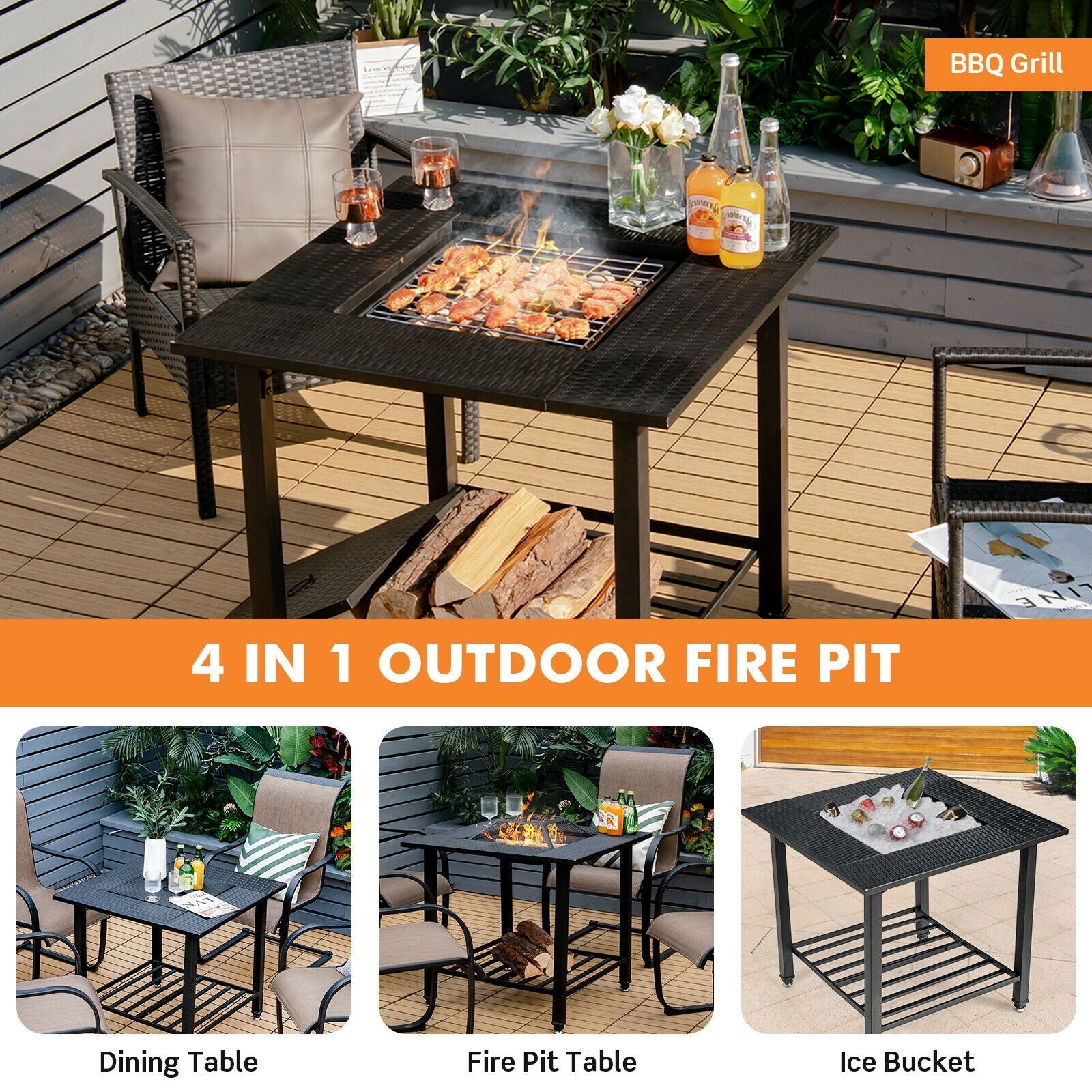 31 Inch Outdoor Fire Pit Dining Table with Cooking BBQ Grate - Energize Trek
